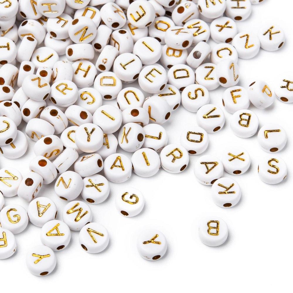 Acrylic Alphabet Beads - Flat Round Gold & White 6mm - 400pcs