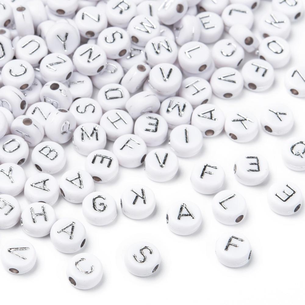Acrylic Alphabet Beads - Flat Round Silver & White 6mm - 400pcs
