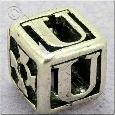 Tibetan Silver Letter Cube Bead - U