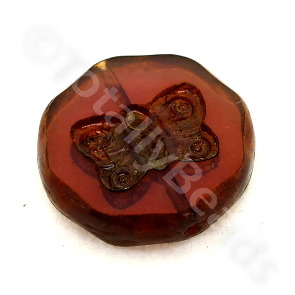 Table Cut Glass Bead - Plum Butterfly Coin 18mm