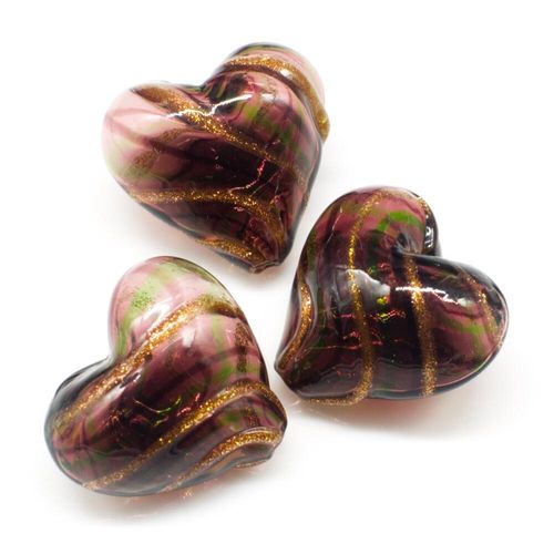 Hollow Glass Bead Heart 20mm   Purple/Green/Gold for jewellery making