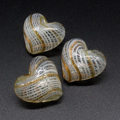Hollow Glass Bead Heart 20mm   Clear/White/Gold for jewellery making