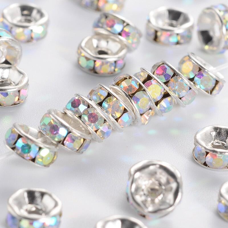 Diamante Spacer Rondelle Beads 6mm Silver Crystal AB 25pc 25 Pieces for jewellery making