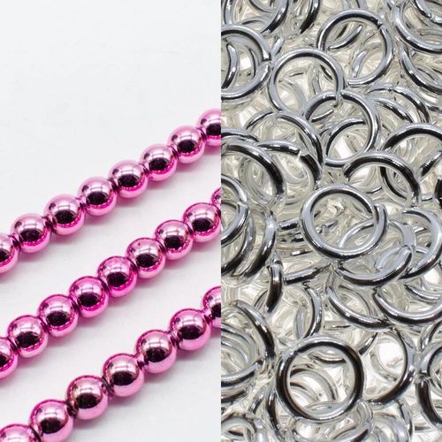 Hematite Double Row Chainmaille silver met. pink jewelry making kit — DIY set with beads and instructions for creating handmade jewelry