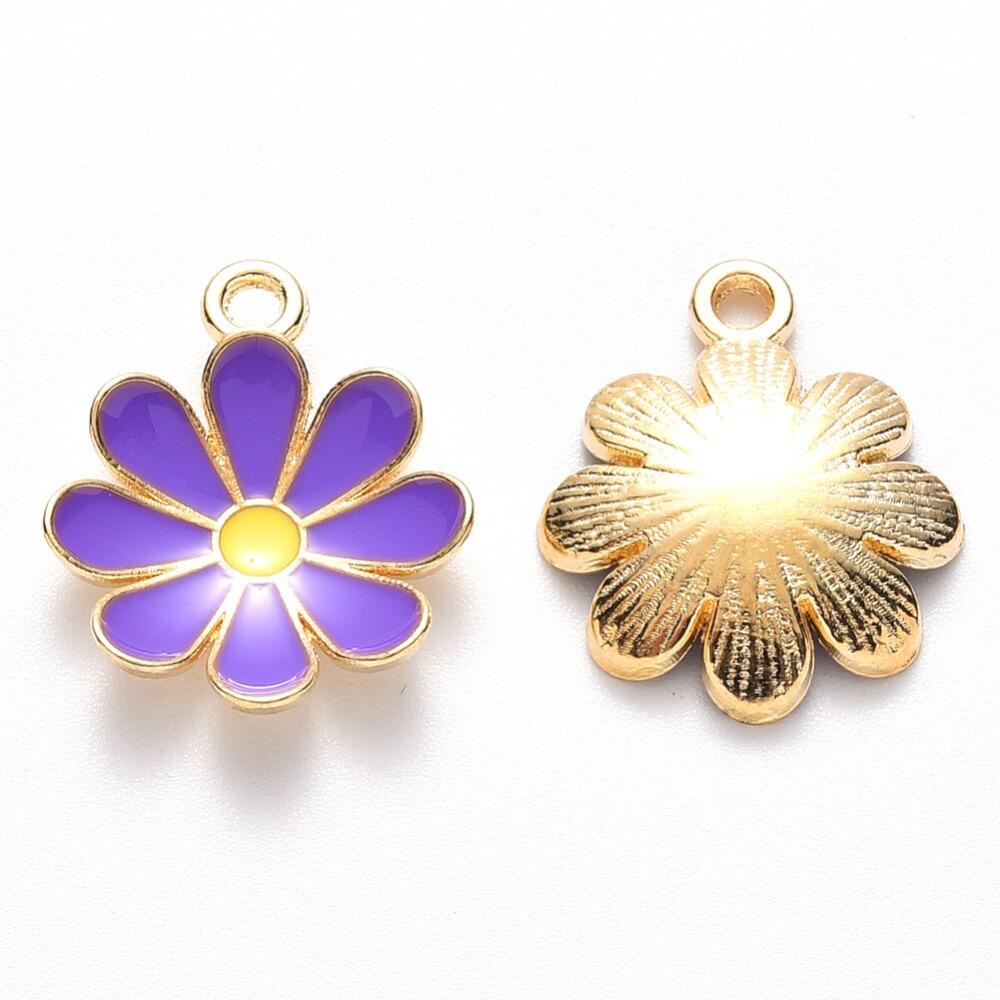 Enamel Gold Charm   19mm Curve Flower Purple 2pc for jewellery making