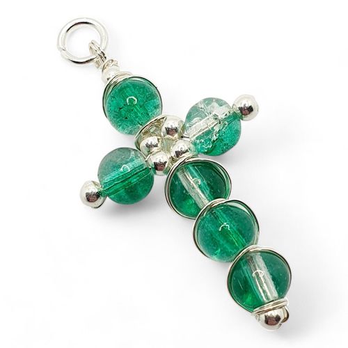 Crackle Cross Pendant Makes 10 clear green jewelry making kit — DIY set with beads and instructions for creating handmade jewelry