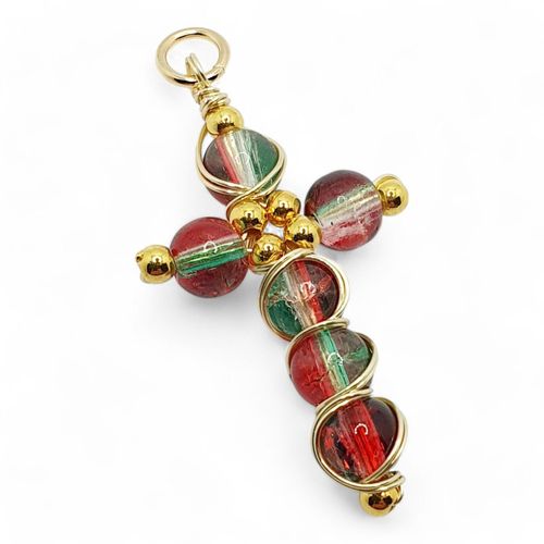 Crackle Cross Pendant Makes 10 red green jewelry making kit — DIY set with beads and instructions for creating handmade jewelry