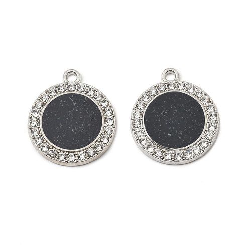 Alloy Charm diamante with black disc 19mm 2pcs Rhodium for jewellery making