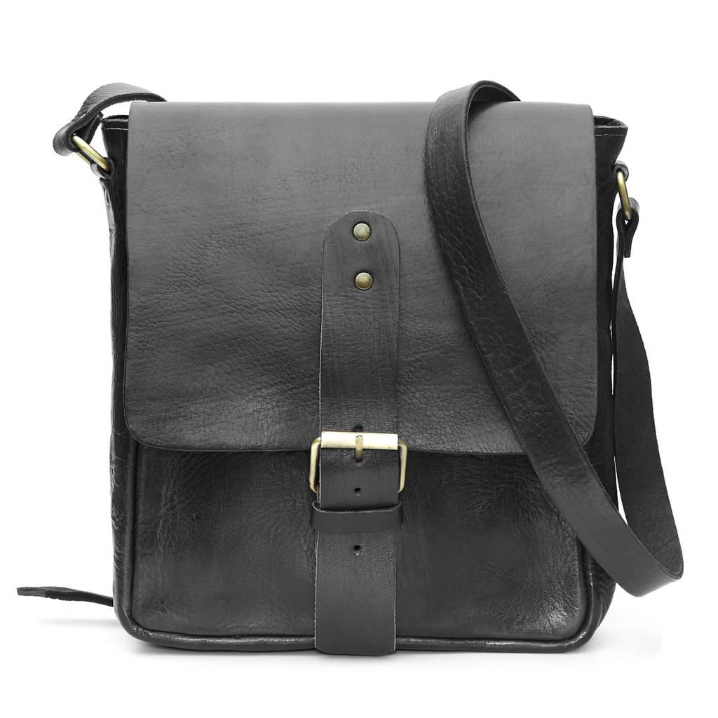Black Leather Buckle Messenger Bag
