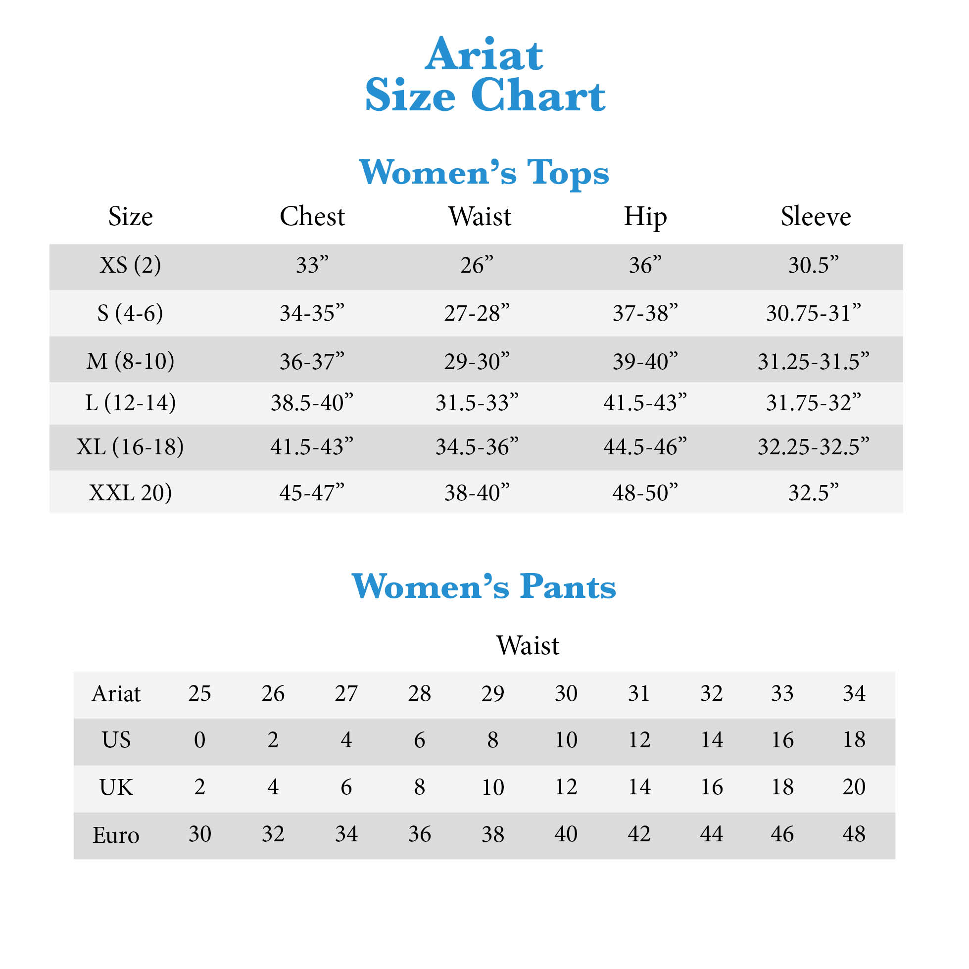 Ariat Jeans Size Chart