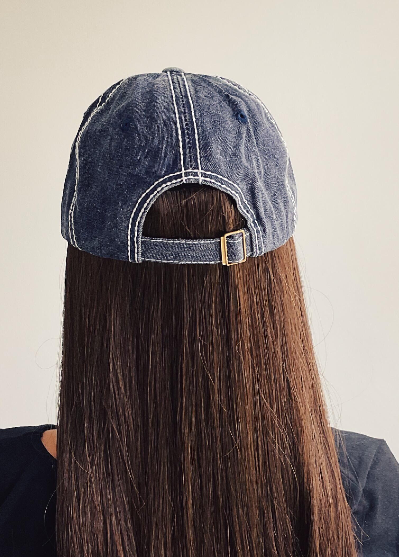 Denim baseball cap with long hair attached