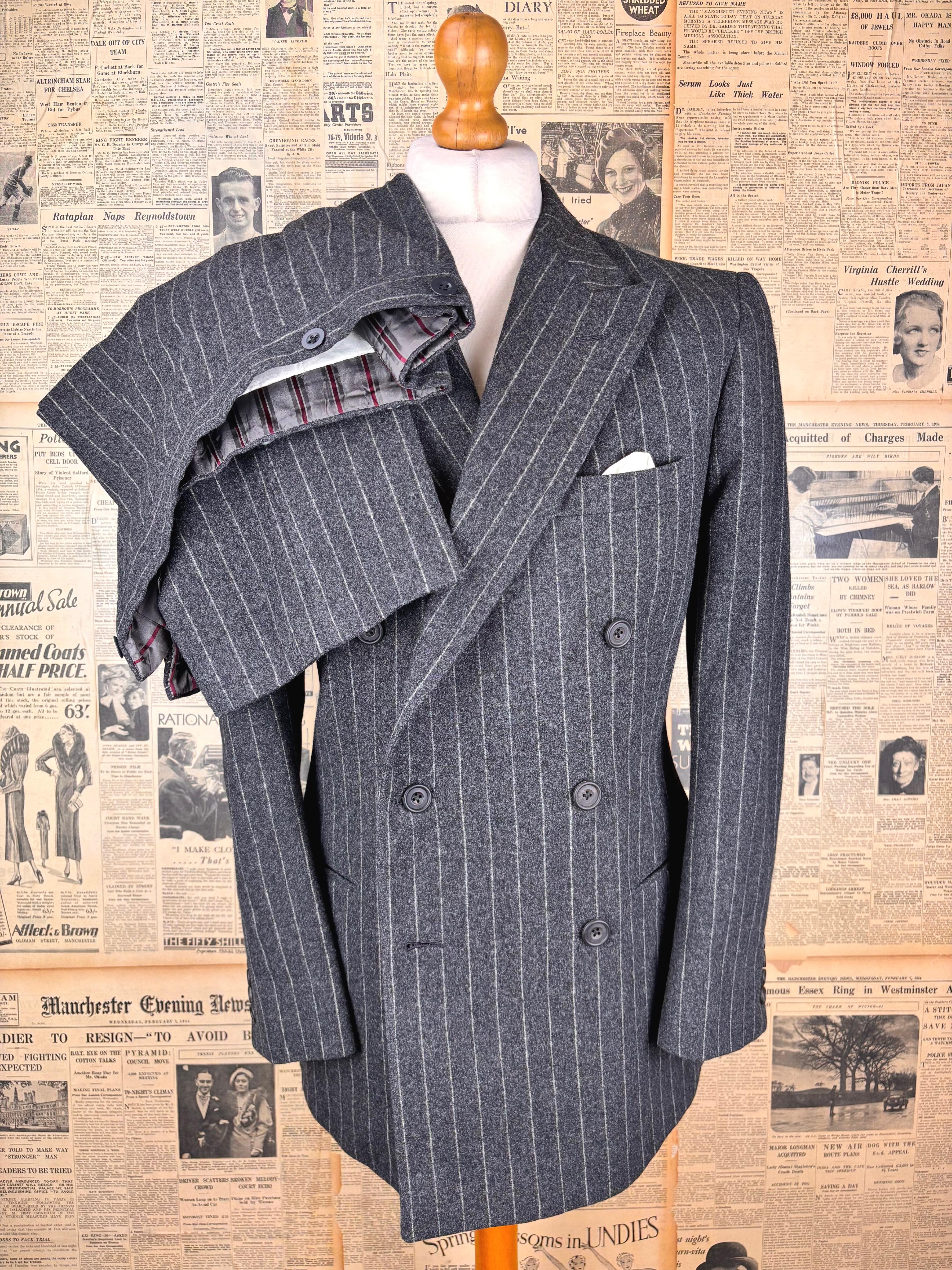 1984 Wells Saviile row grey chalk stripe flannel suit size 40