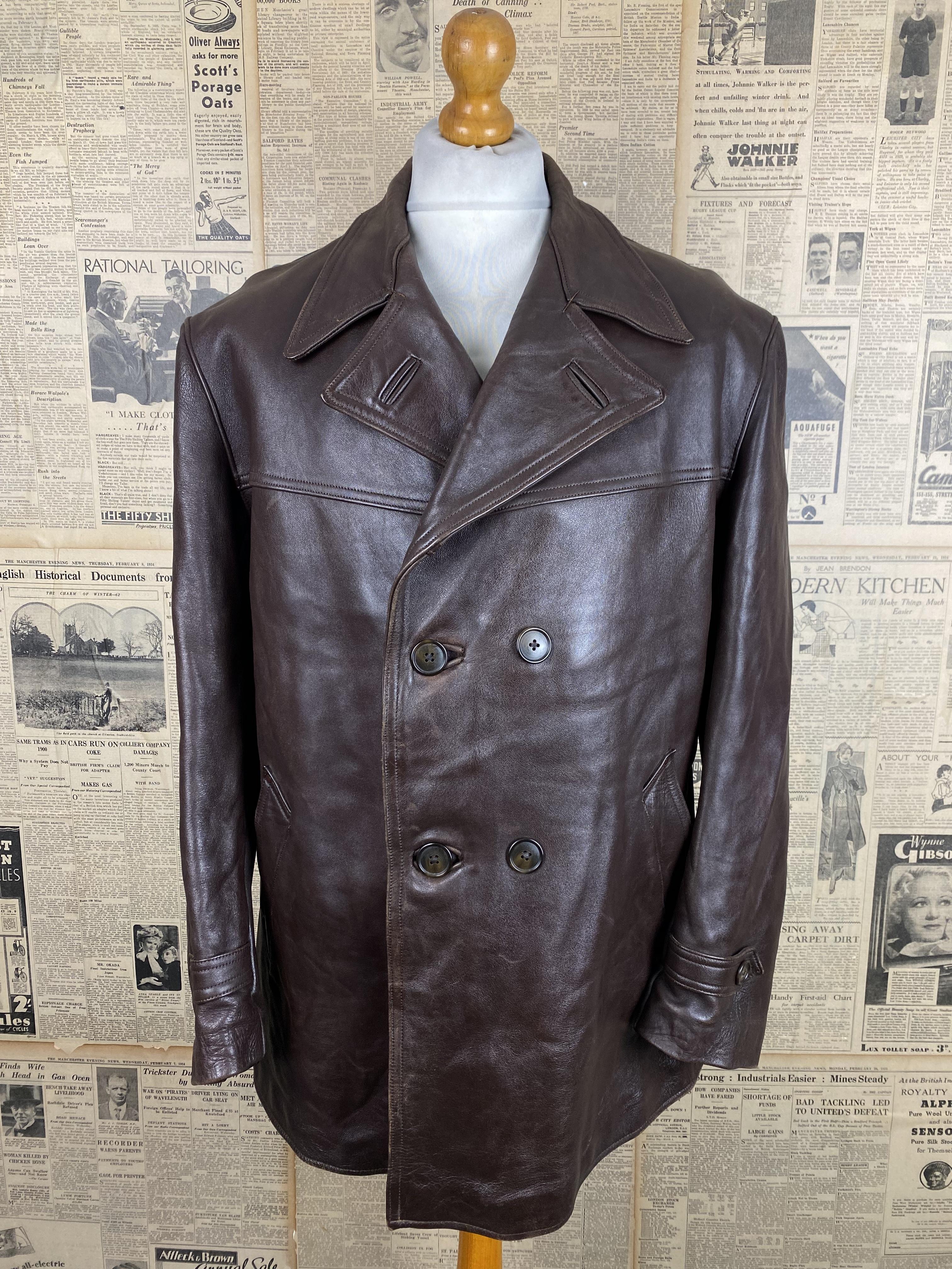 Vintage bespoke 1940's leather peacoat bombardier jacket size 40