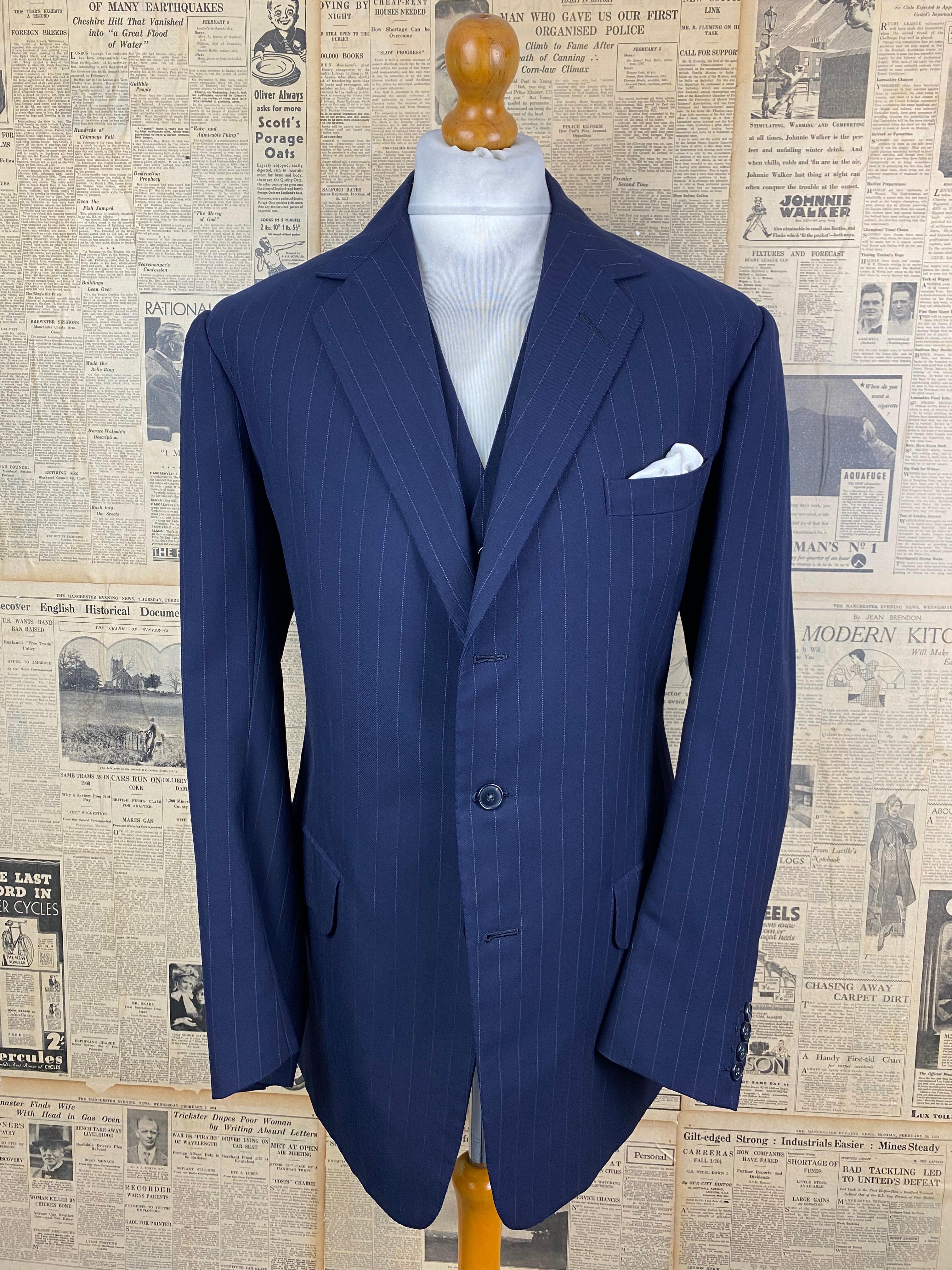 Vintage bespoke Savile Row navy three piece suit size 44 long