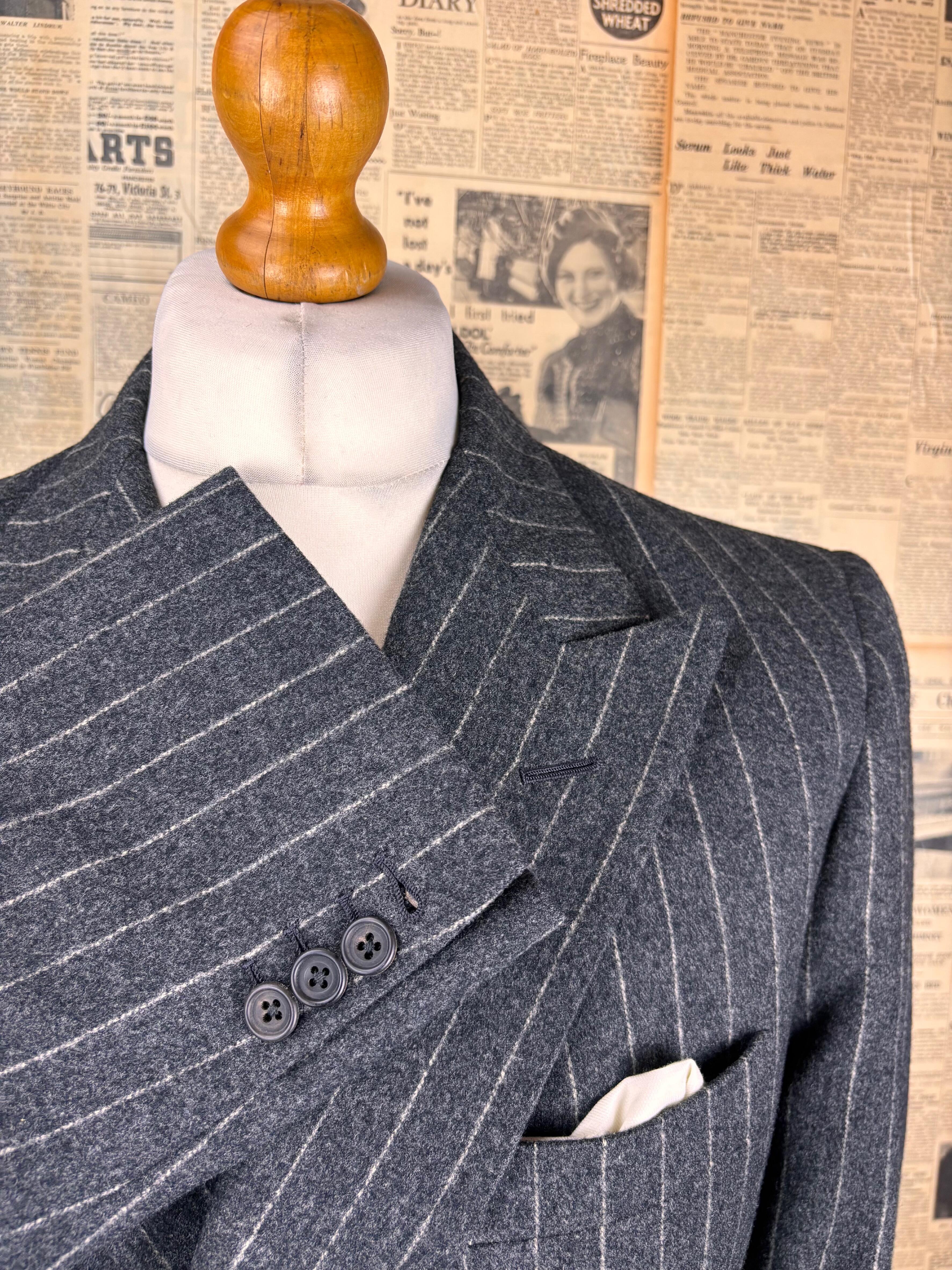 1984 Wells Saviile row grey chalk stripe flannel suit size 40