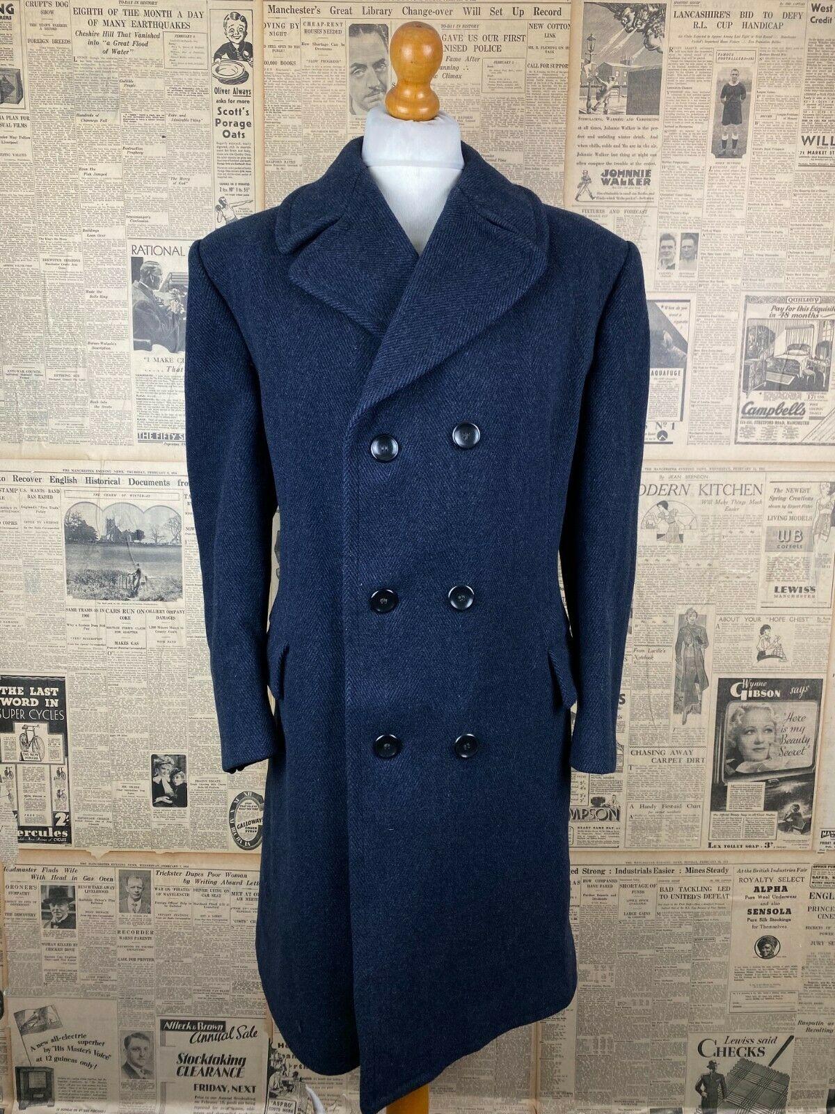 Vintage double breasted navy blue heavy 1940's overcoat size 46