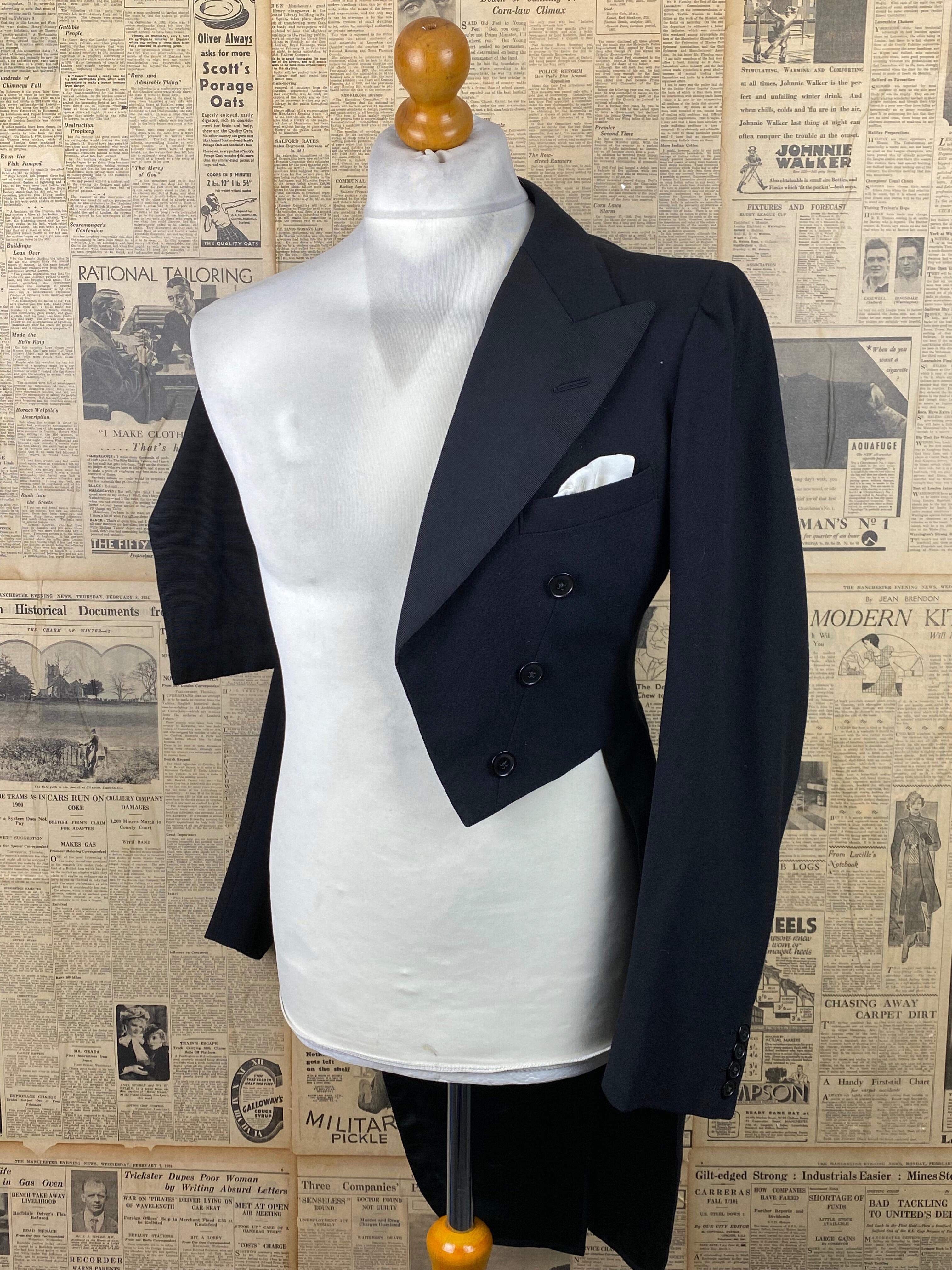 Vintage 1930's evening tailcoat white tie tails size 36 long