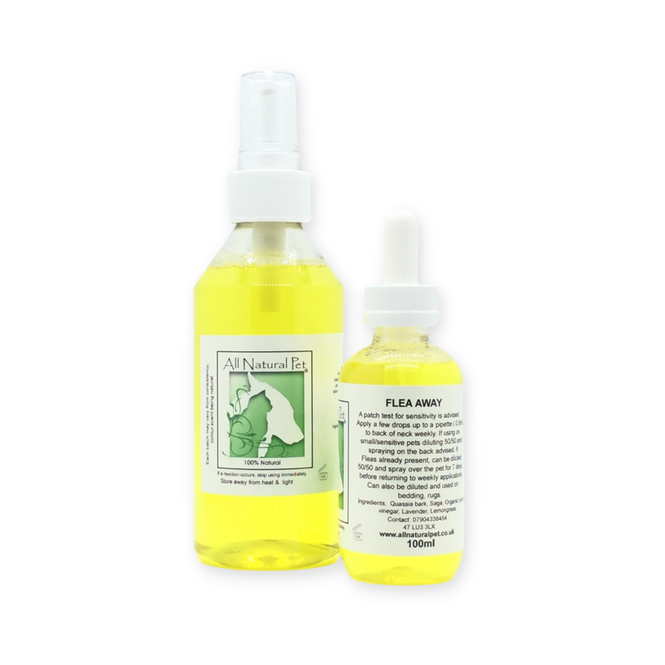 Bottle of yellow herbal solution with a white pipette lid and a Green and white label to deter fleas & ticks