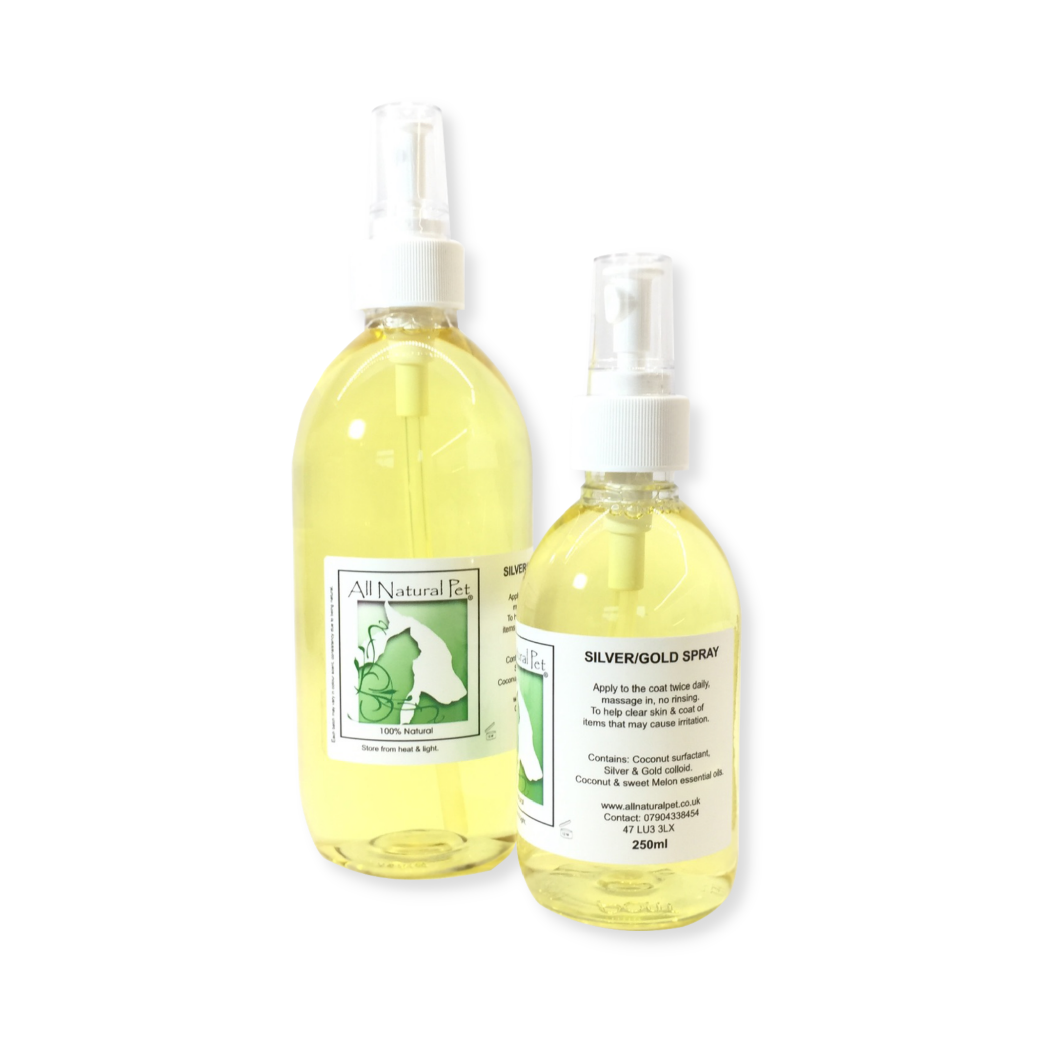 A clear bottle with a white spray lid containing a nicely scented golden coloured natural spray for pets with allergy's