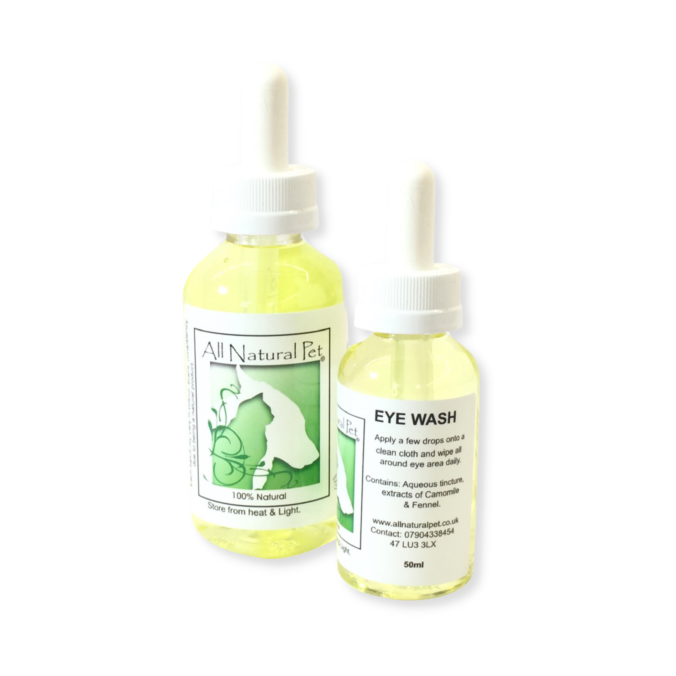 A couple of pipette topped bottles containing a pale yellow solution of herbal ingredients for cleaning pets eyes