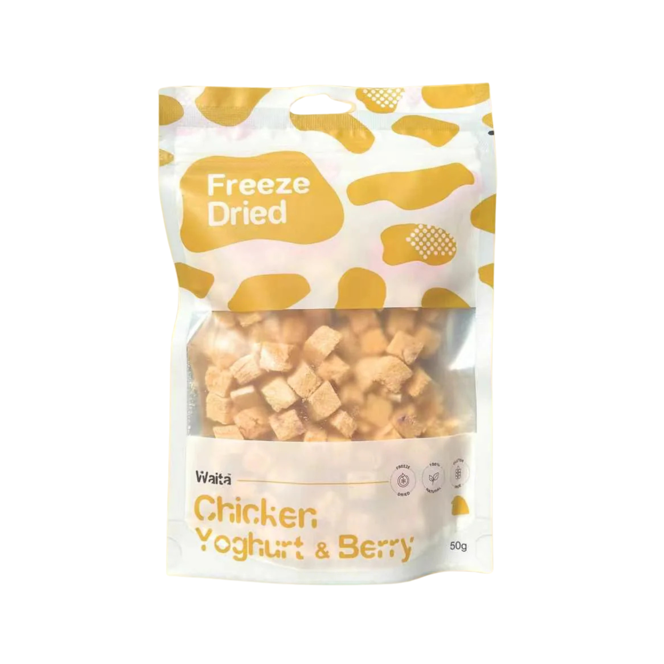 40g yellow patterened pouch of 100% natural Freeze-dried mix of chicken, Yogurt & Cranberry cubes for pets, lightweight protein treats