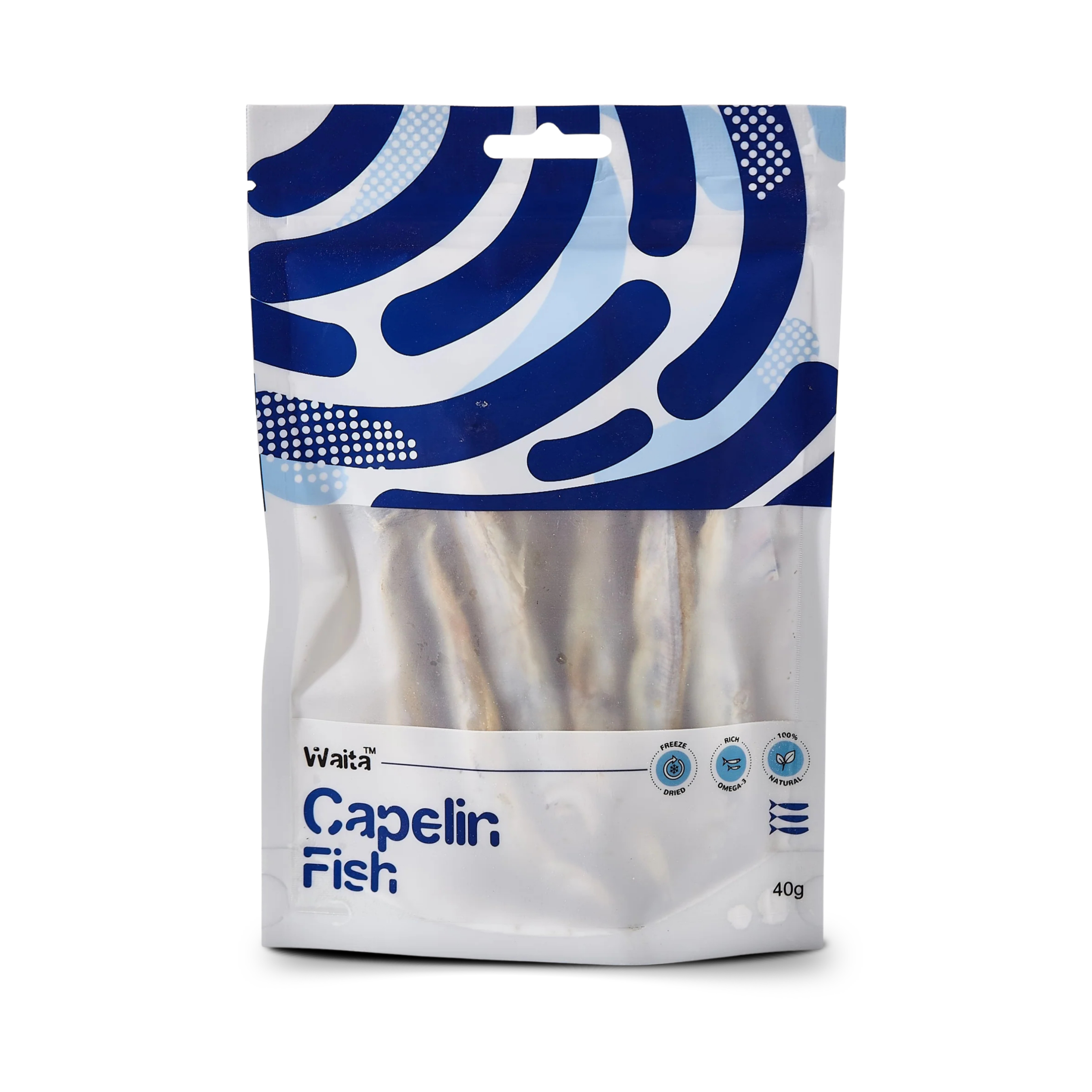 Freeze dried Capelin fish in a white & blue resealable pouch for dog & cat treats