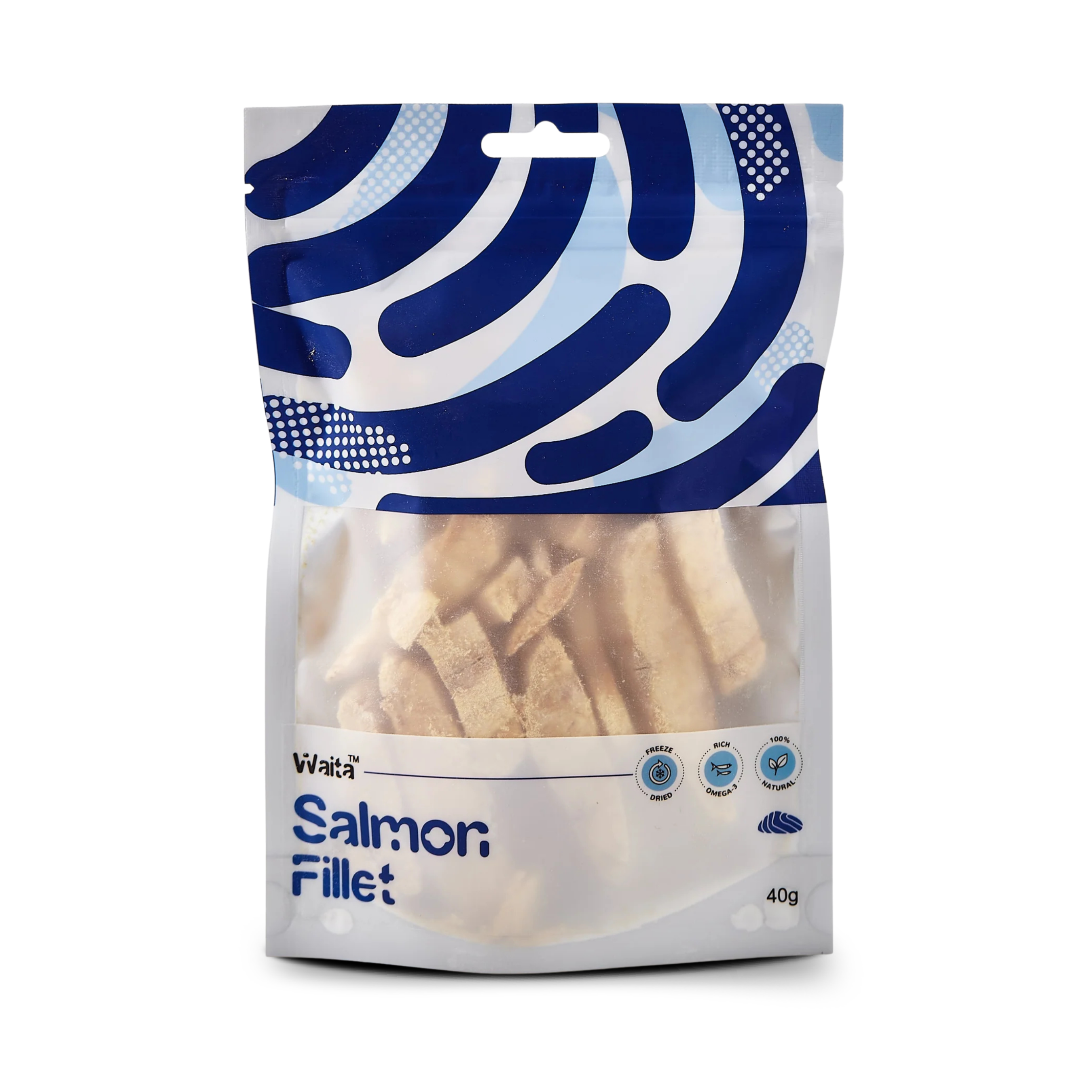 Blue & white pattern pouch, containing Freeze dried pet treats made of 100% Salmon fillet pieces.