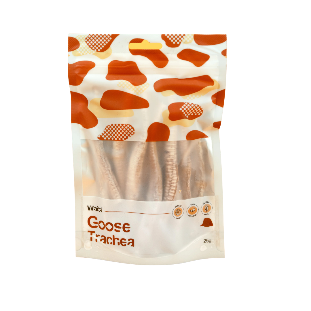 Orange and white pouch with a see through window, with Freeze dried Goose trachea treats for pets inside