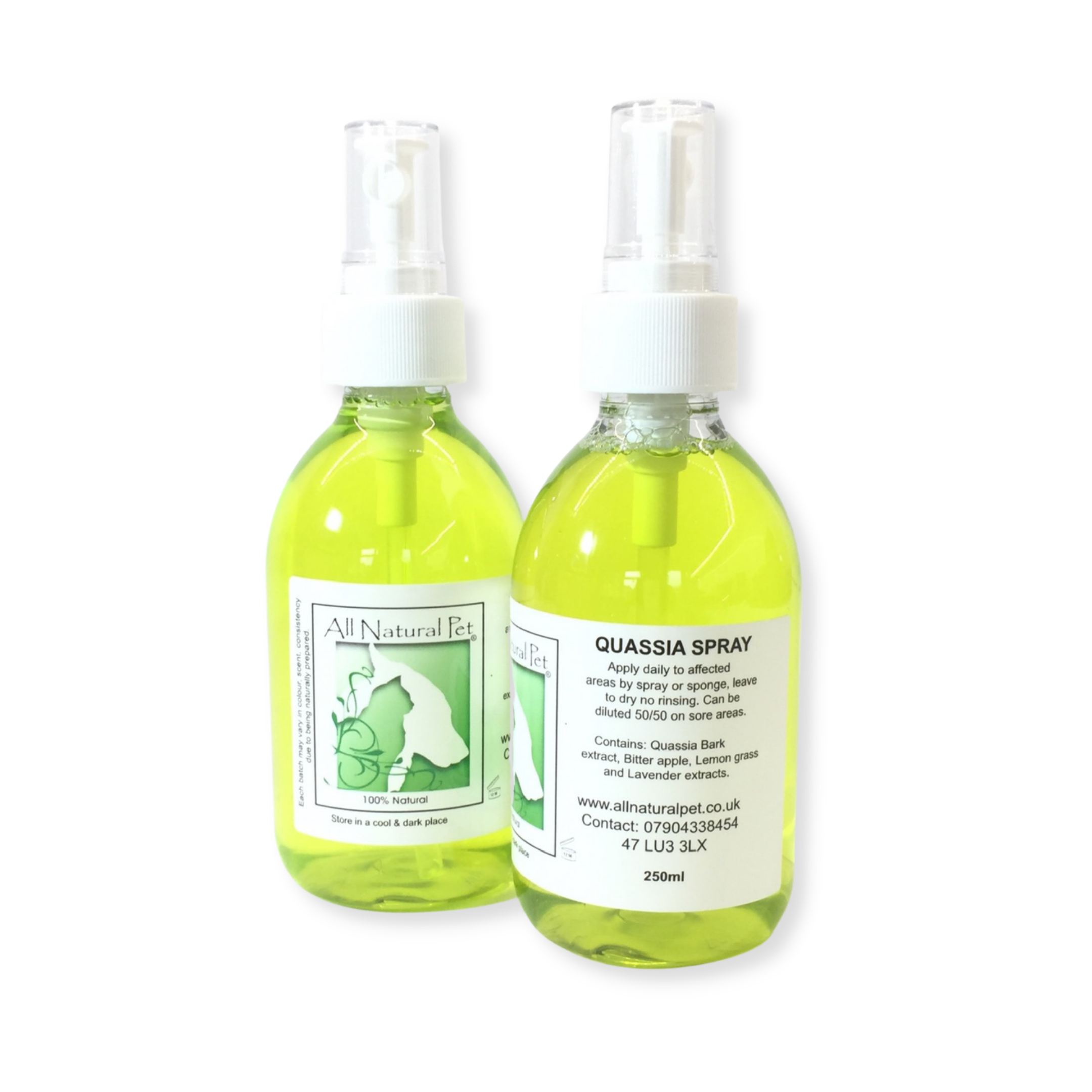 A bottle of pale green solution with a spray lid for pets skin problems, the natural ingredients gives a fresh lemon scent