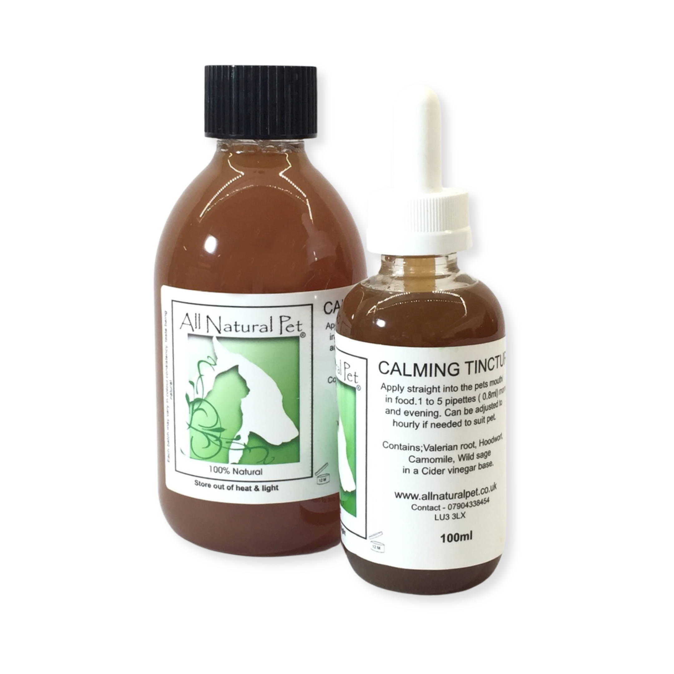 A bottle with a solution made of herbal ingredients  containing Valerian, Hoodwort and chamomile to relax pets and people