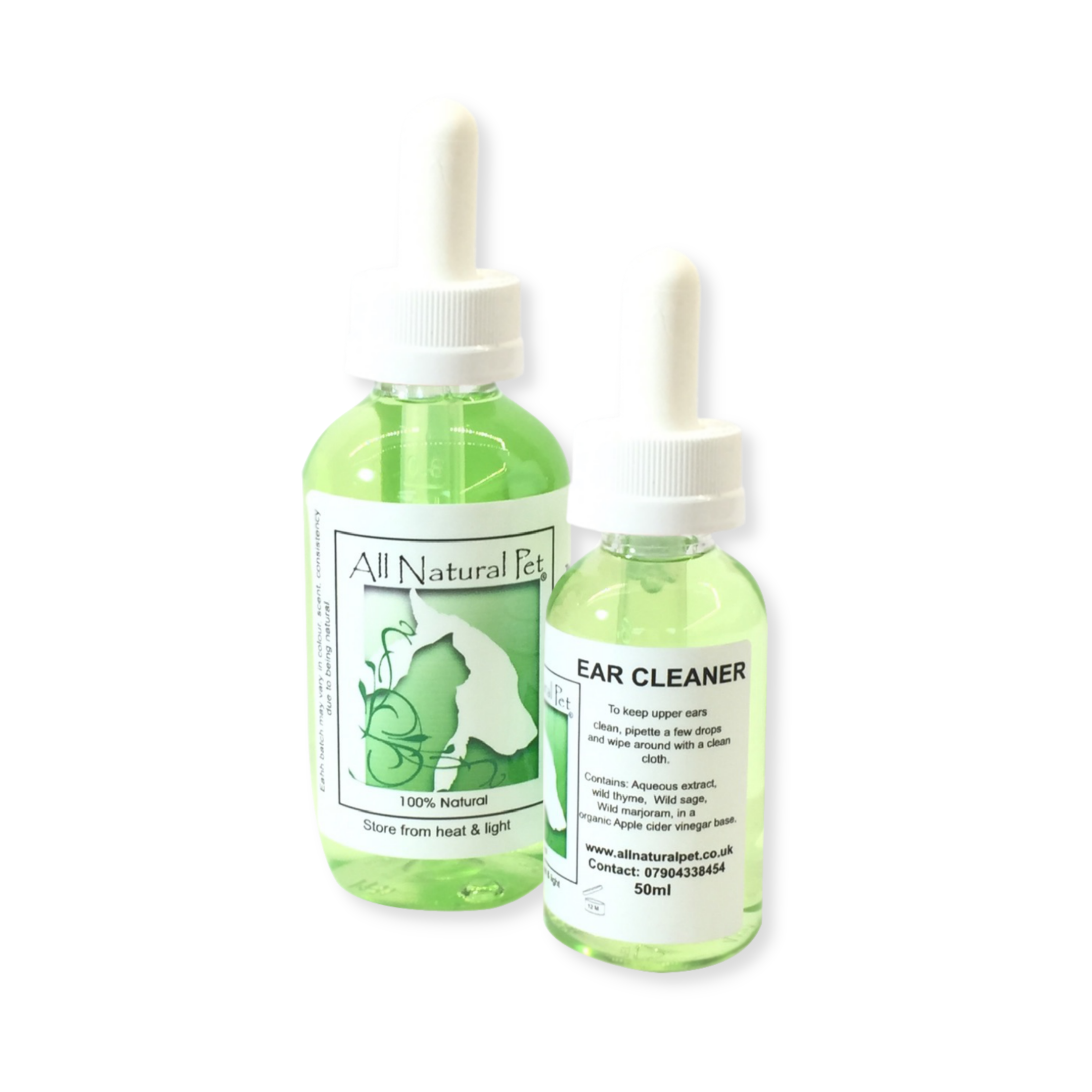 A small clear bottle with a pipette lid filled with a nice smelling green herbal solution to clean pets ears with