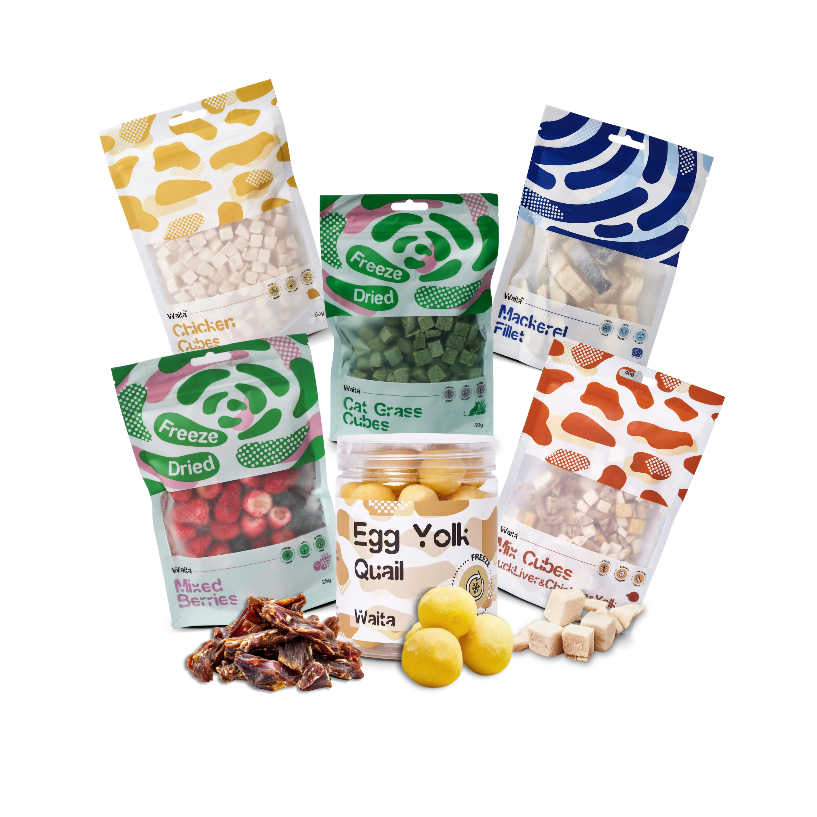 6 Freeze dried different pet treats in various coloured patterned pouches  and a tub made from 100% natural proteins