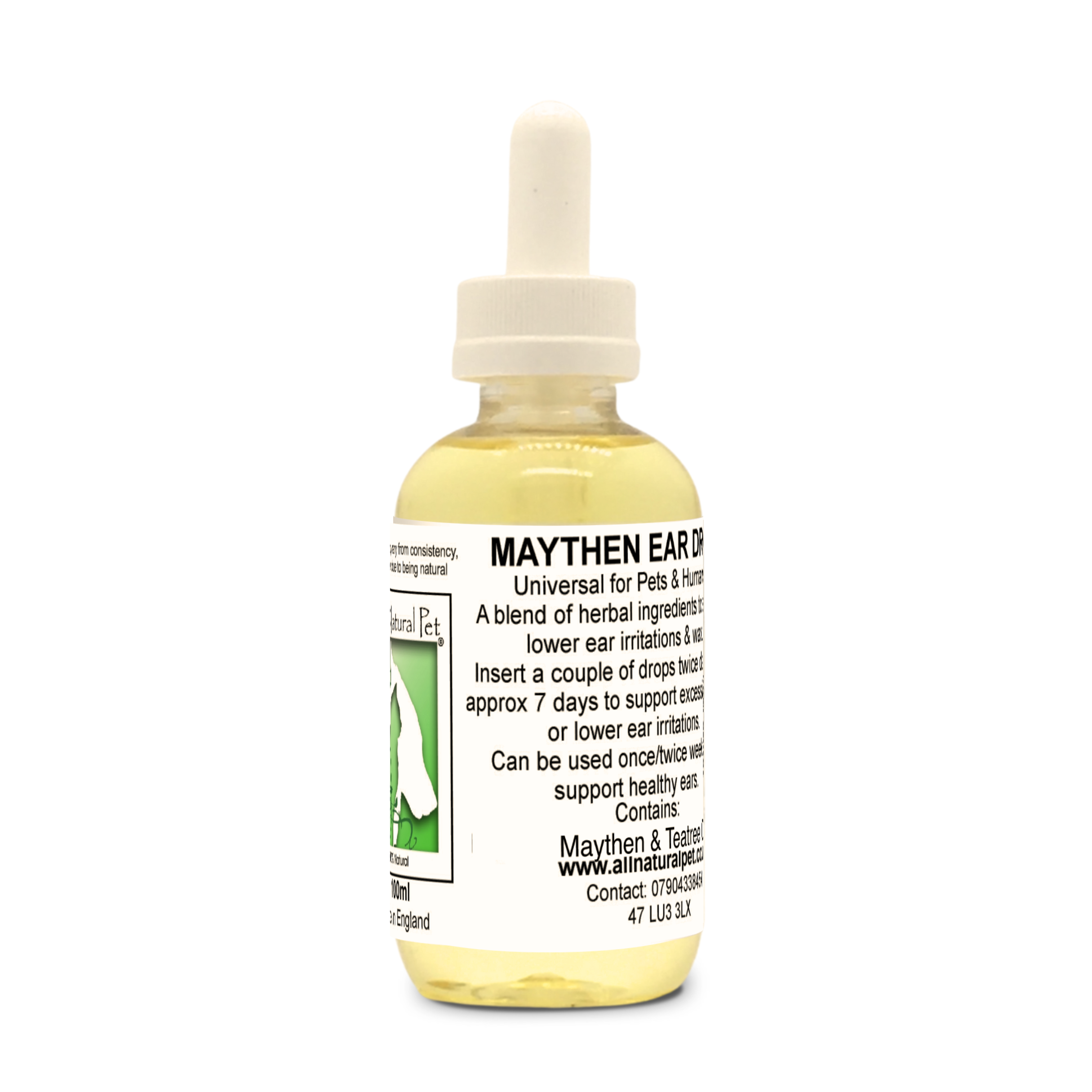 A small clear pet bottle with a white pipette lid, filled with a golden coloured oil with a white description label on. wiyj a clear back ground