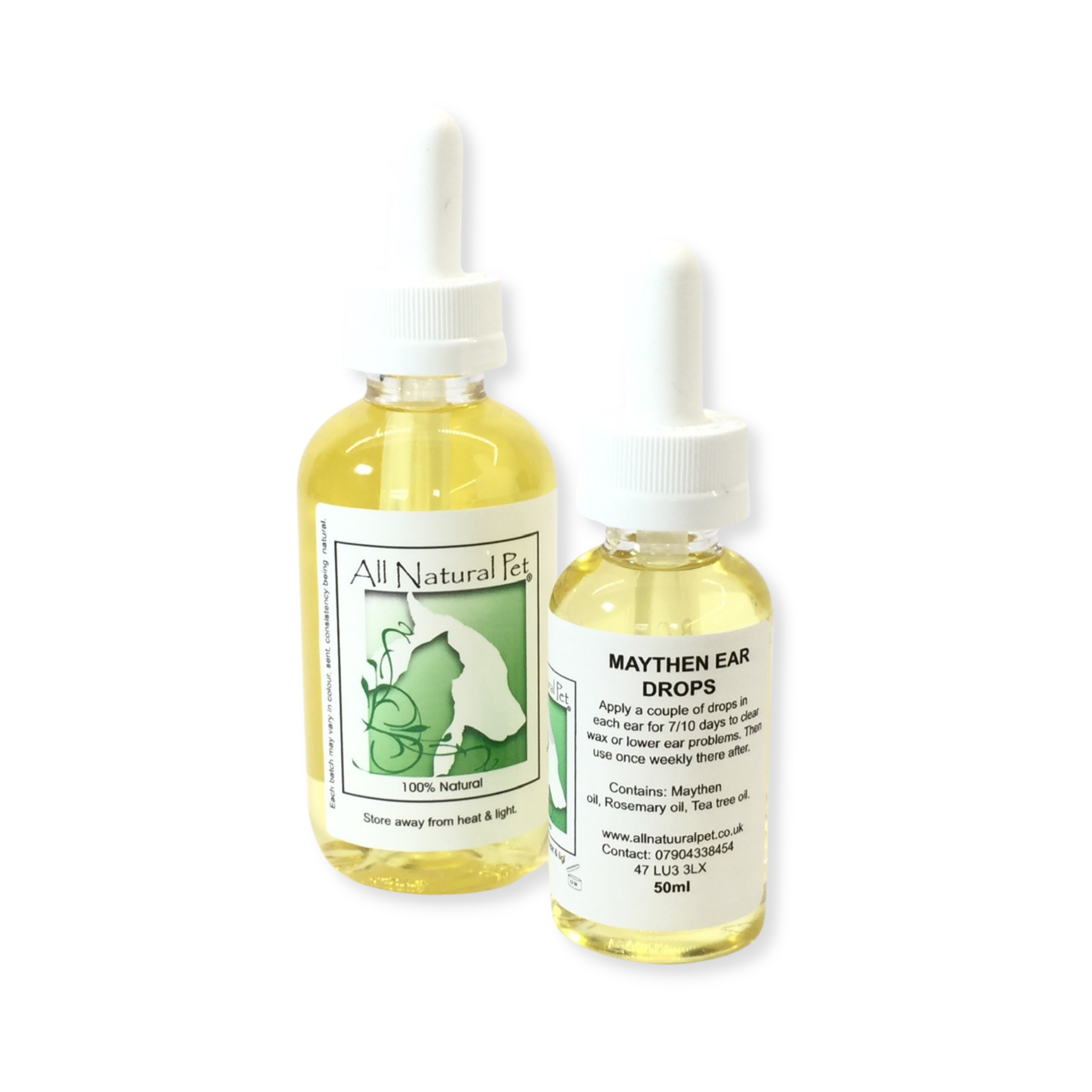 two small bottles with pipette lids containing a natural ear oil made of herbal Ingredients
