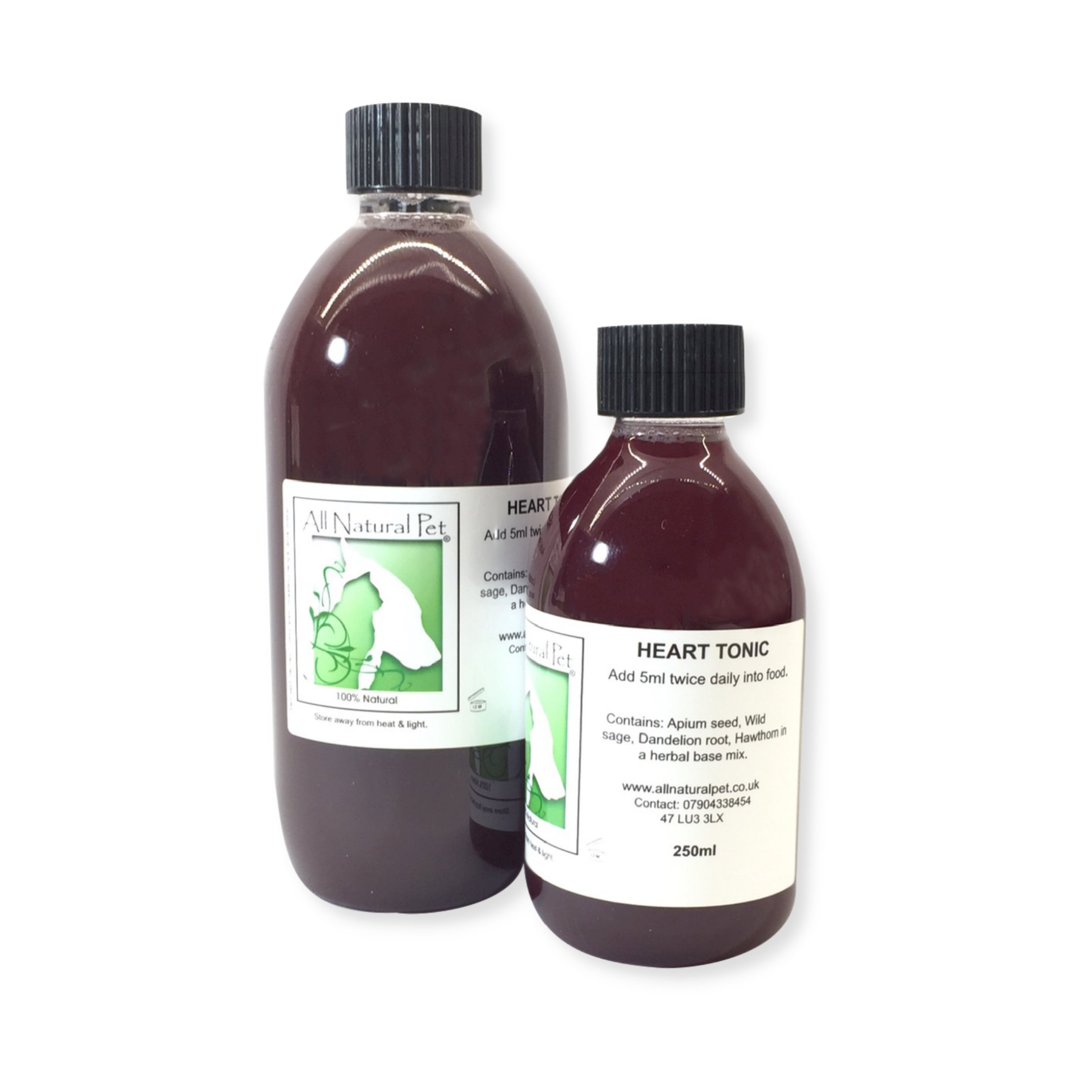 A couple of medium size bottles with black ribbed lids, and a white and green label contain a burgundy coloured herbal liquid for heart problems