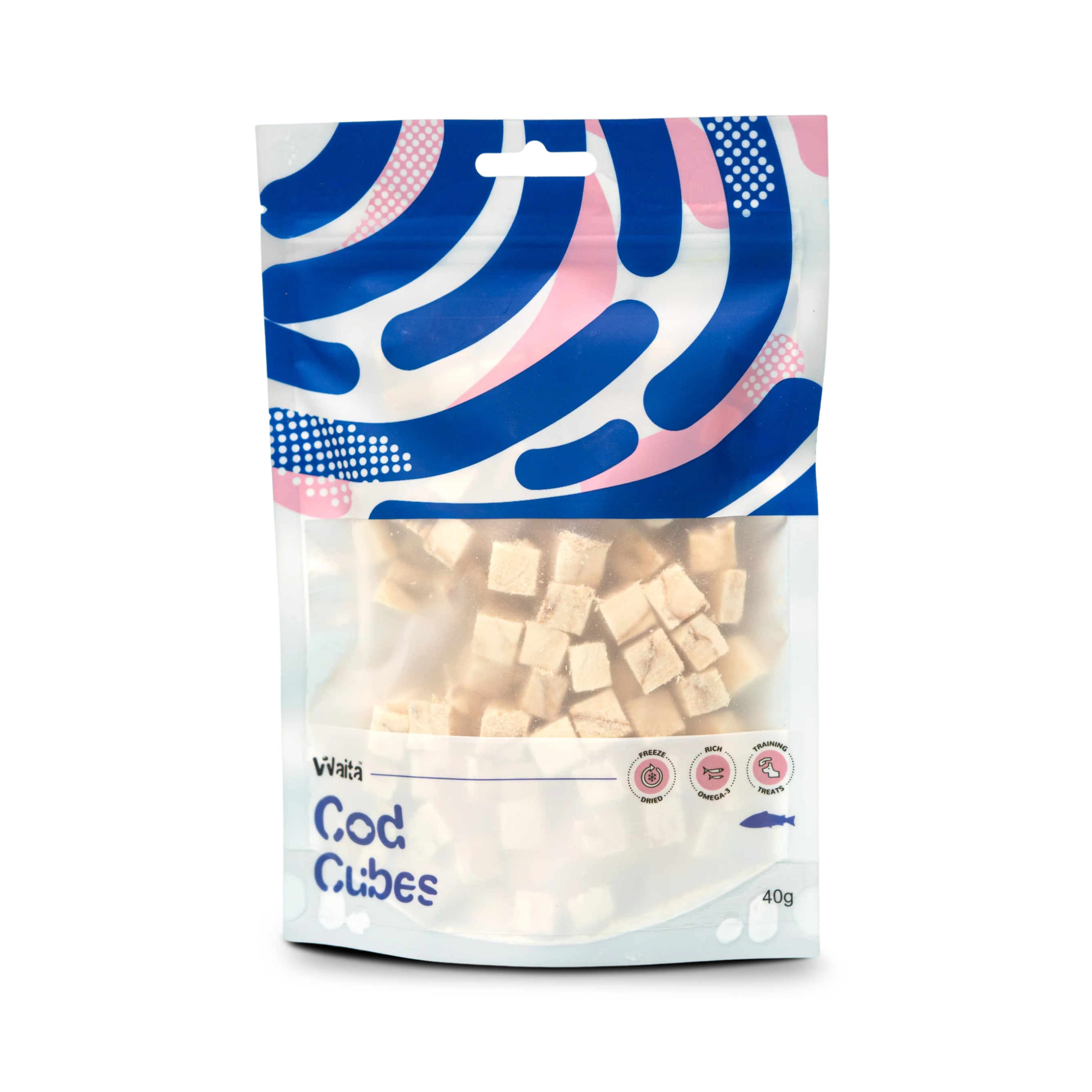 Blue & white pattern pouch, containing Freeze dried pet treats made of 100% cod