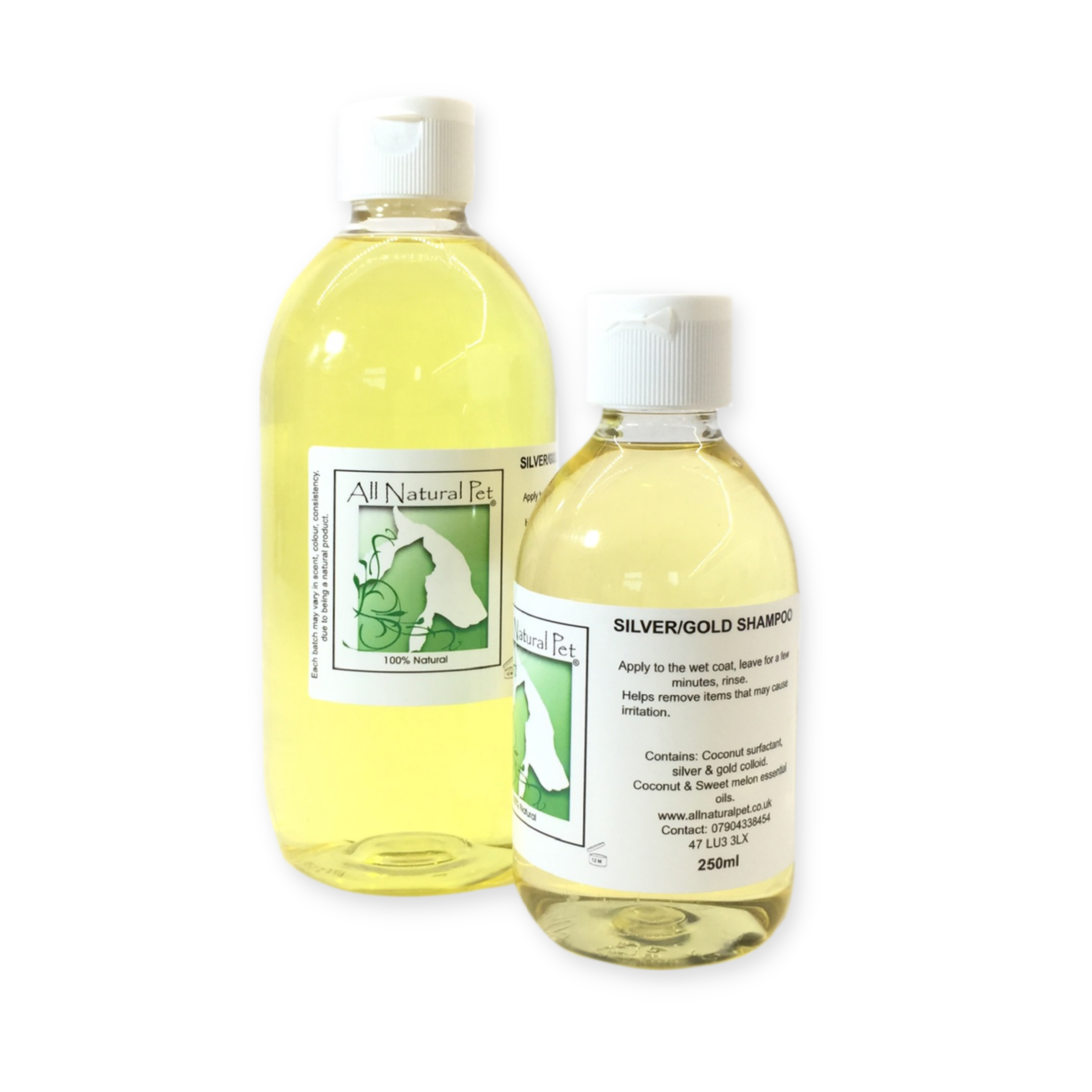 A clear bottle with a white flip lid containing a nicely scented golden coloured natural shampoo for pets with allergy's