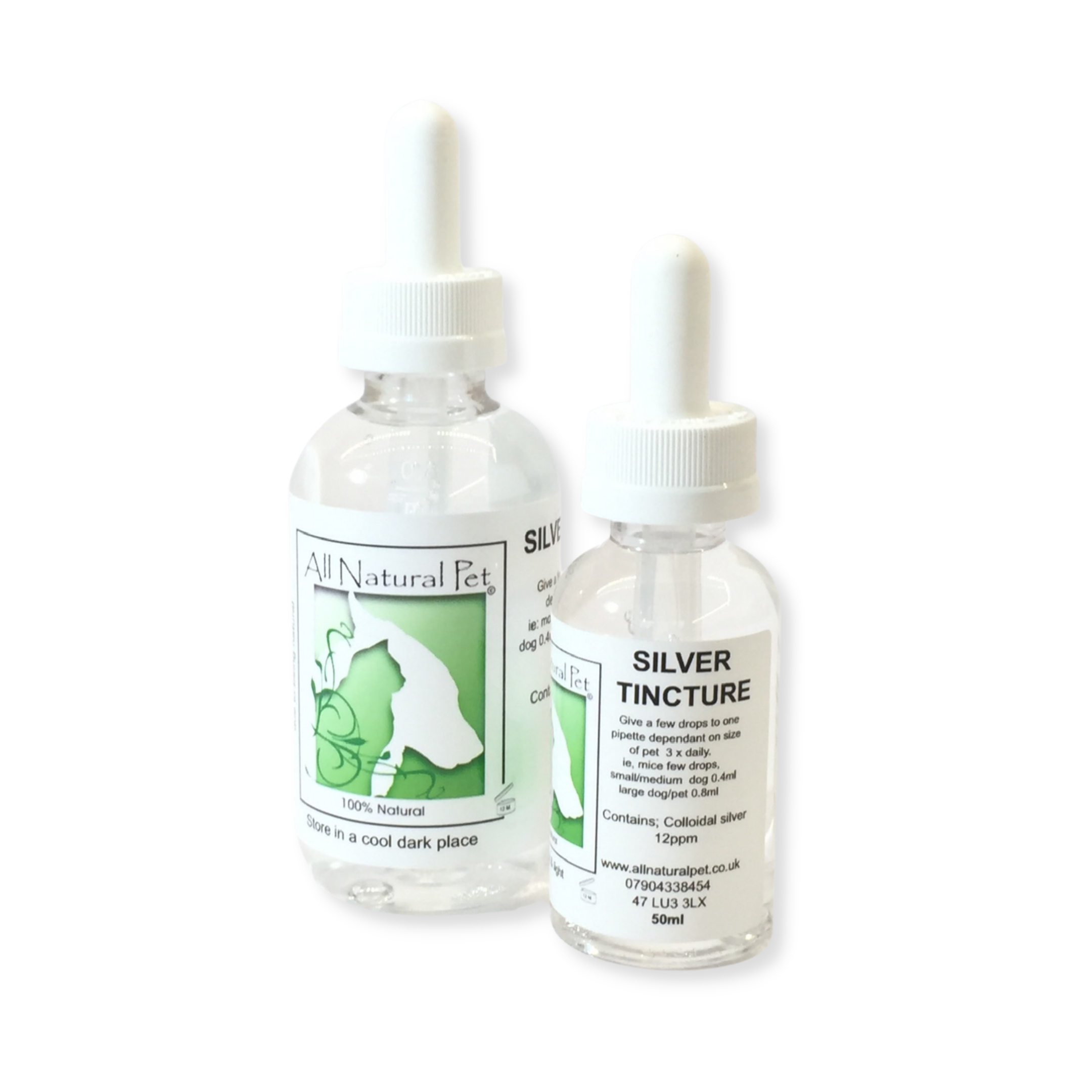 Two small bottles containing clear liquid made of natural ingredients with white pipette lids to dispense the liquids