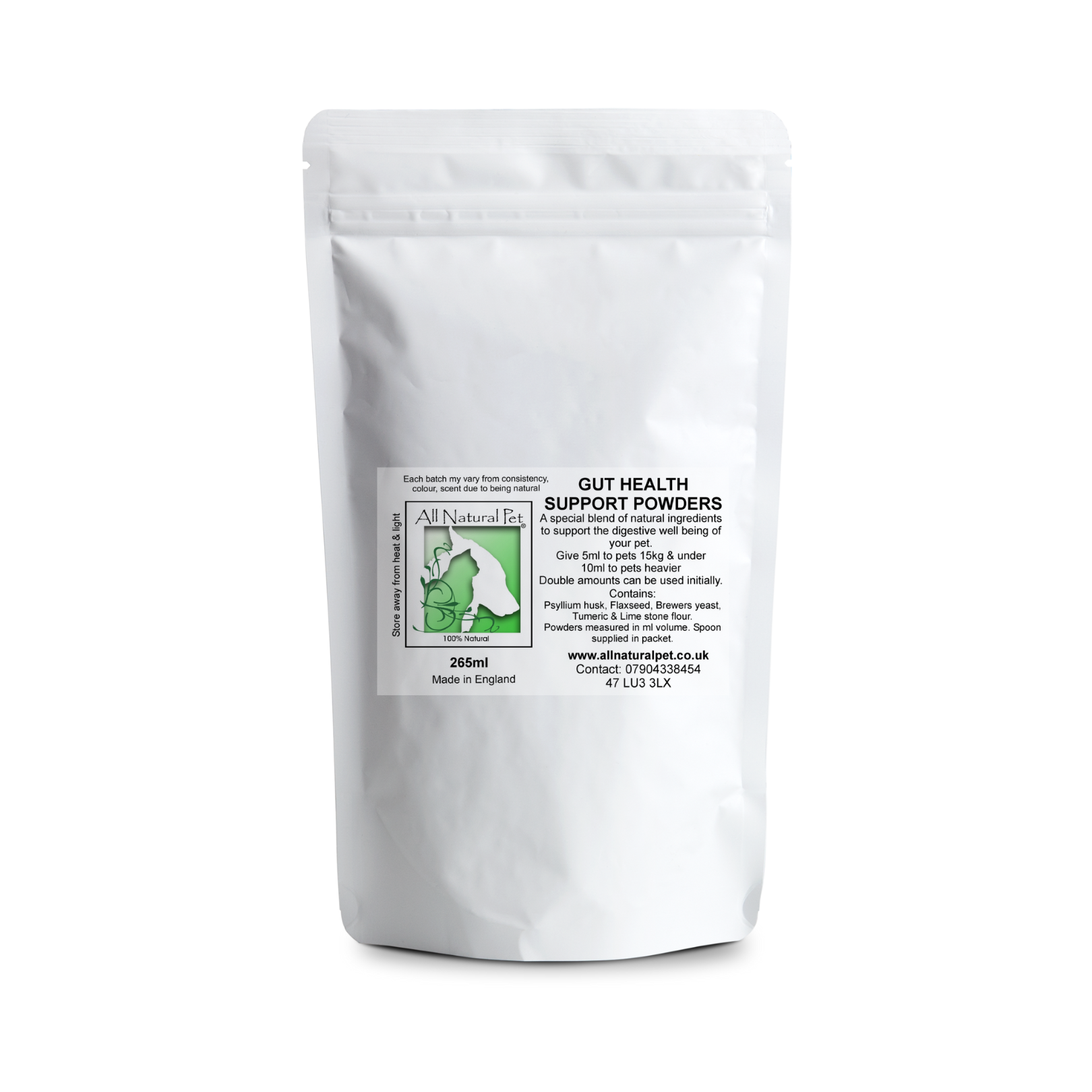 White matt standing pouch with a white & green label