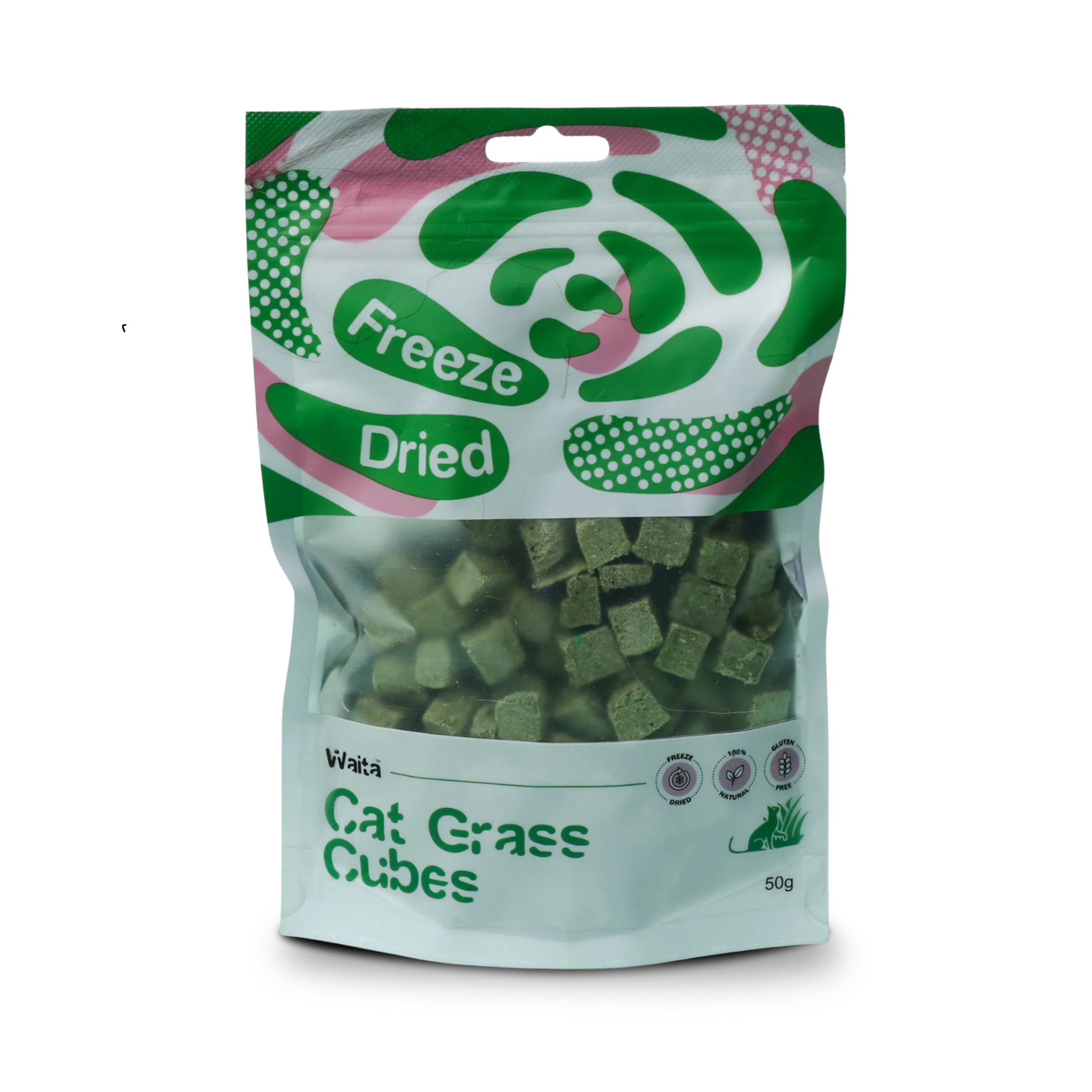 Freeze dried chicken breast & barley grass pet cube shaped treats in a pouch