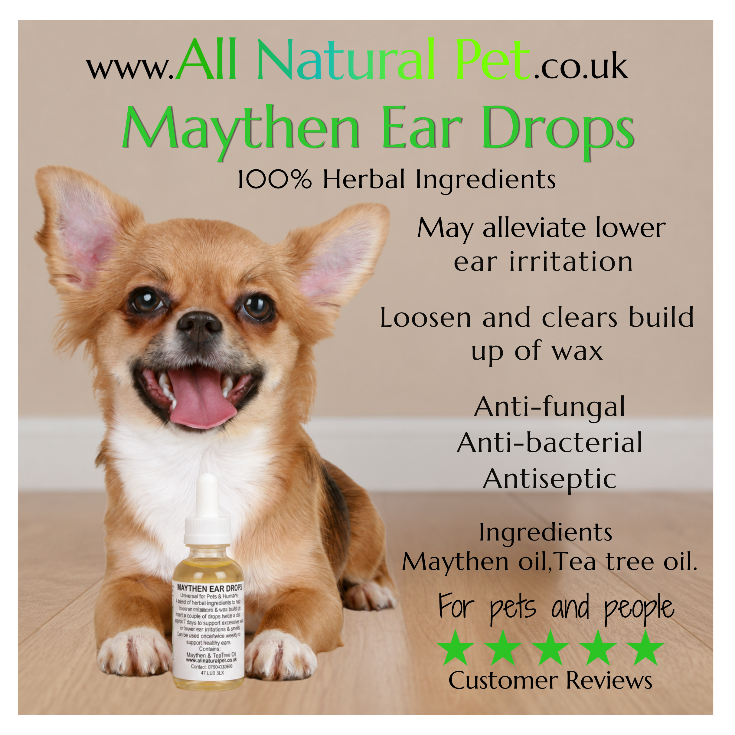 A small clear pet bottle with a white pipette lid, filled with a golden coloured oil with a white description label on, sitting in front of a chihuahua dog with a description of the product and ingredients on the photo.