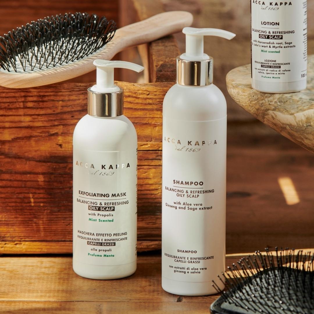 Pictured: The Balancing & Refreshing Shampoo and Exfoliating Mask by Acca Kappa