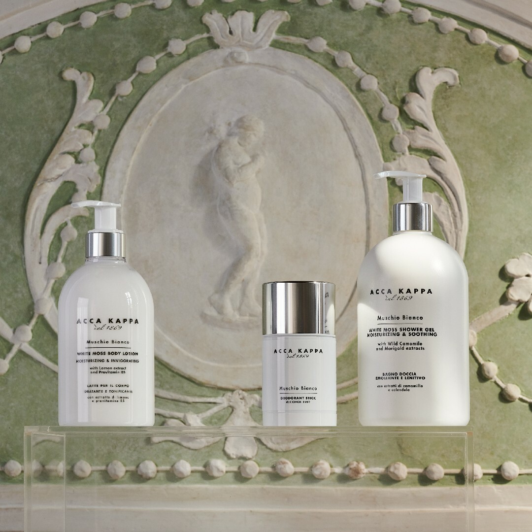 Pictured: The White Moss body lotion, natural deodorant and shower gel.