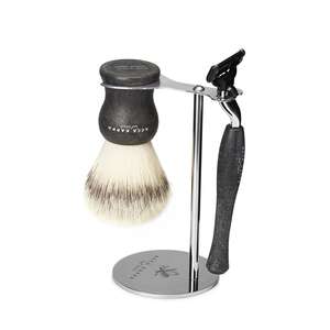 ACCA KAPPA 3-Piece Natural Black Shaving Set with Synthetic Fibre Brush, Mach3 Razor and Stand