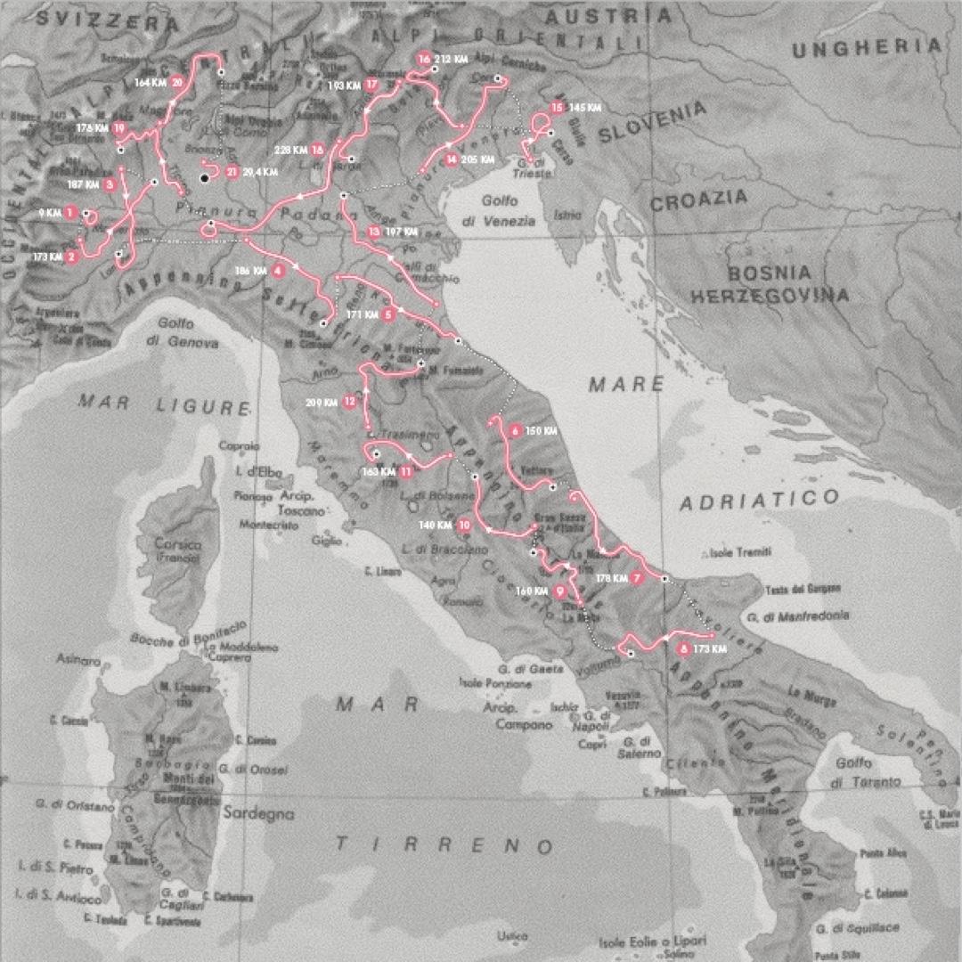 The official 2021 route of Giro d’Italia, spanning a total of 3479.9km