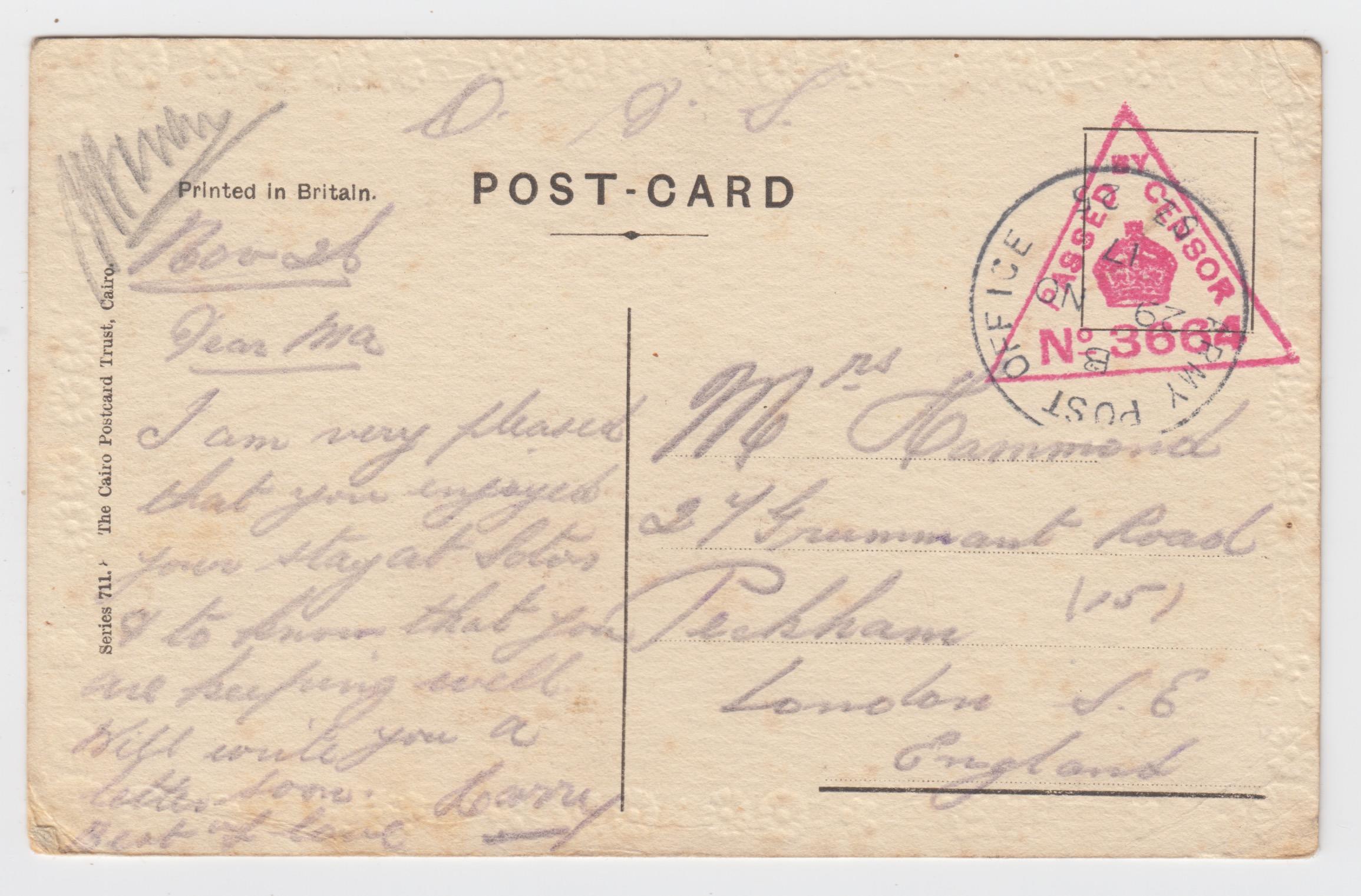 Egypt WW1 Scarce British Army Post Office SZ 25 1917 censored Card
