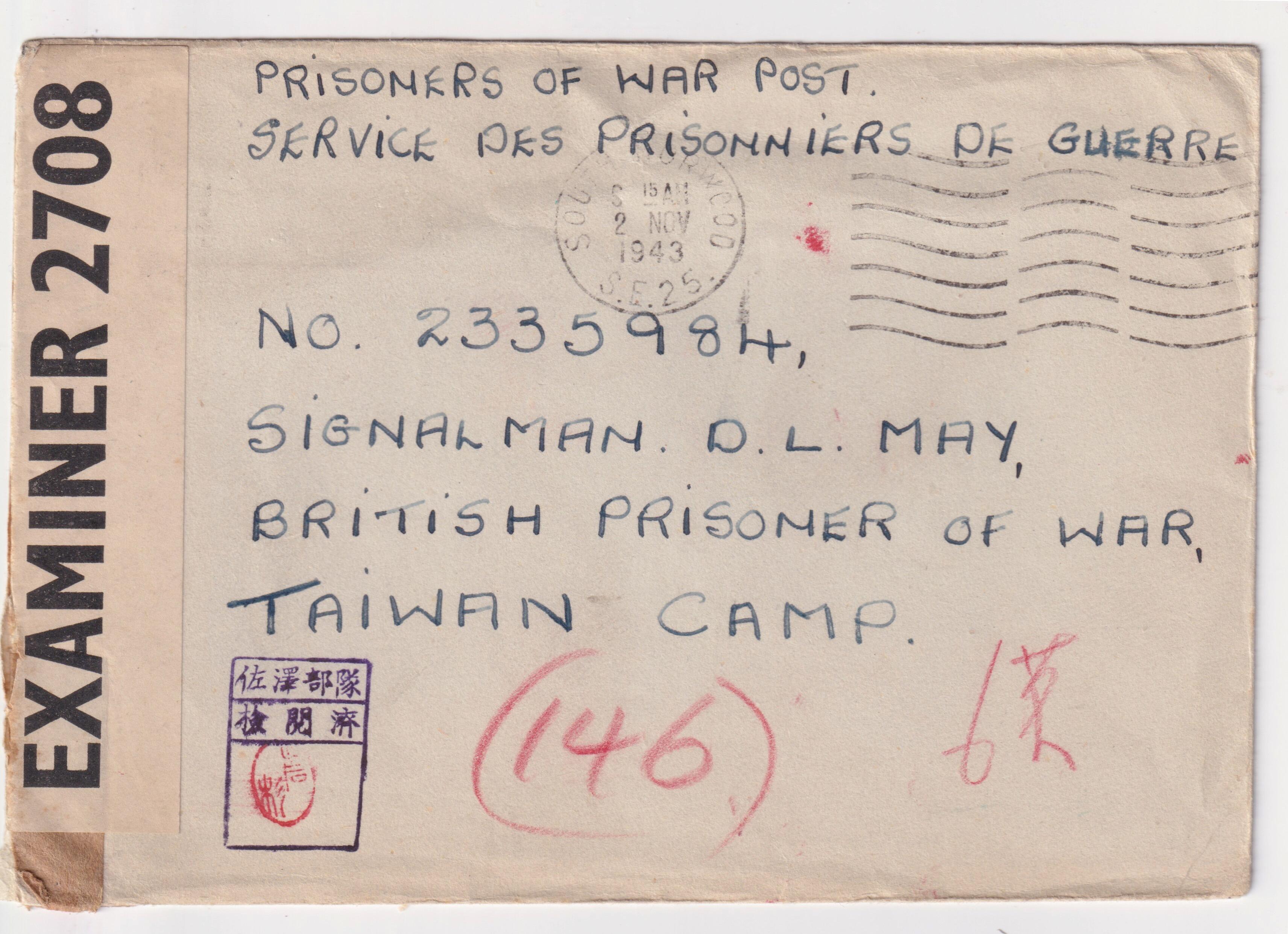 WW2 British Far East Prisoner of War Taiwan 1943 Censored Cover ...