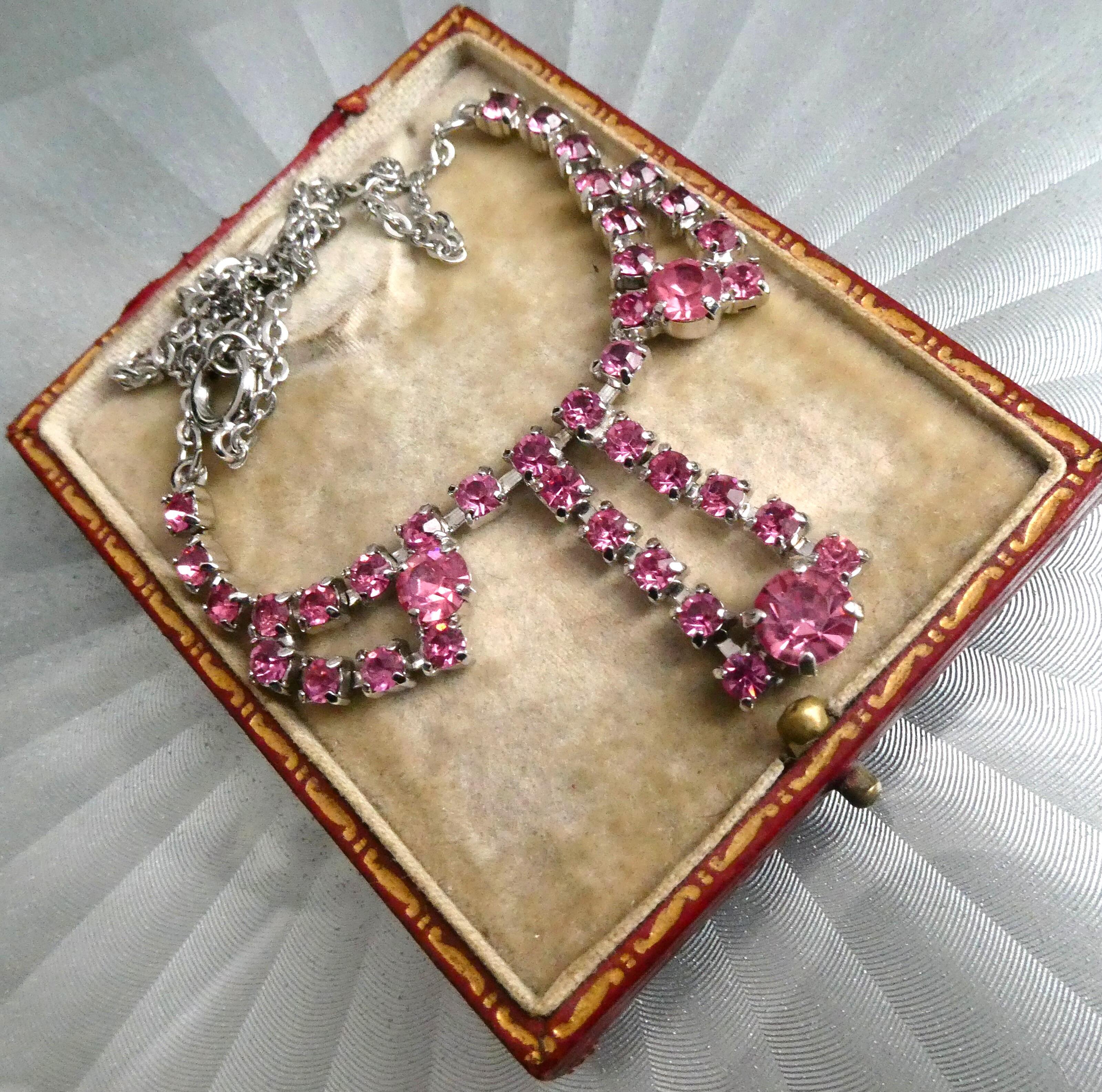 Vintage Pink Rhinestone Necklace, 1960s Midcentury Chain