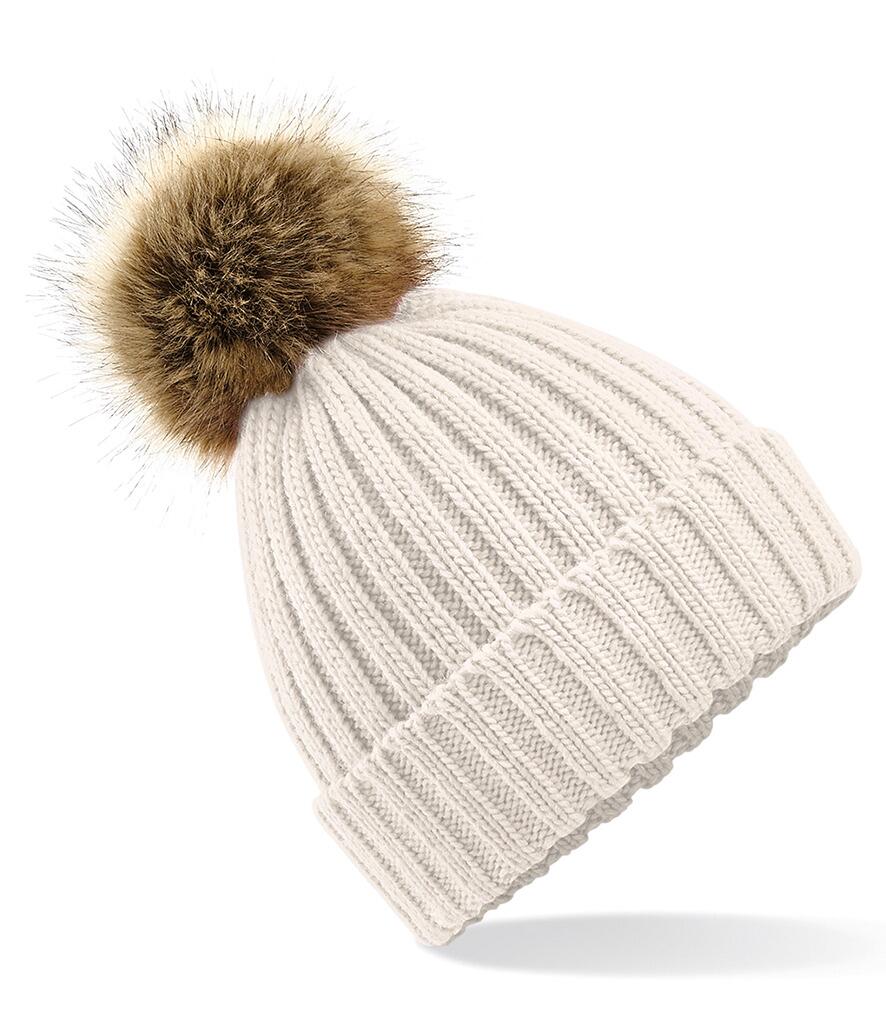 Faux Fur Pop Pom Chunky Beanie White