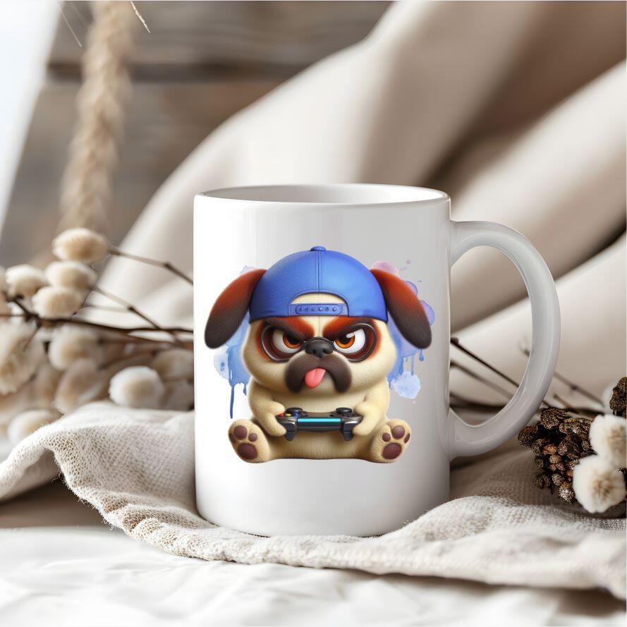 cute dog playing games on a mug